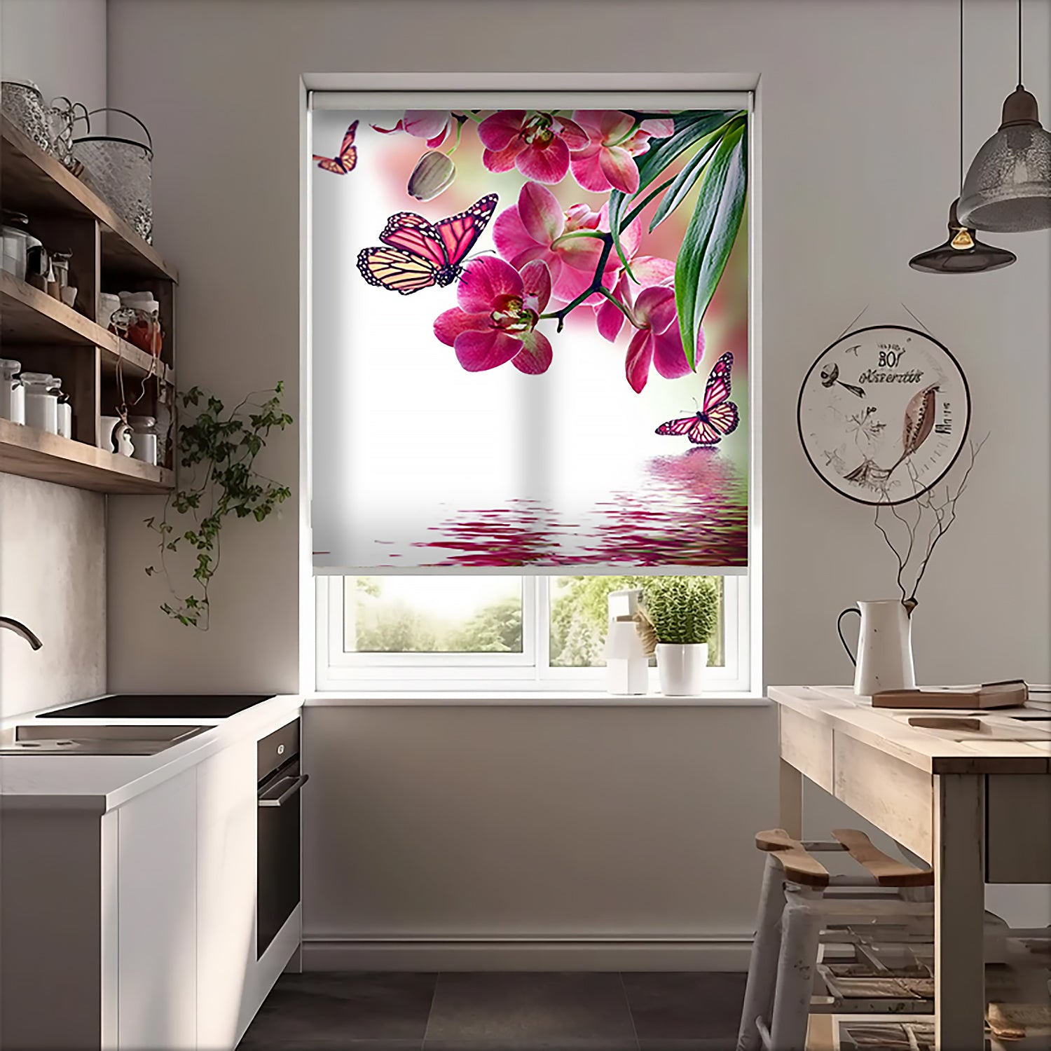 Kelebekler ve Çiçekler Baskılı Stor Perde - Baskılı Güneşlik Perdesi - Mutfak Perdesi - AD HOME Tekstil