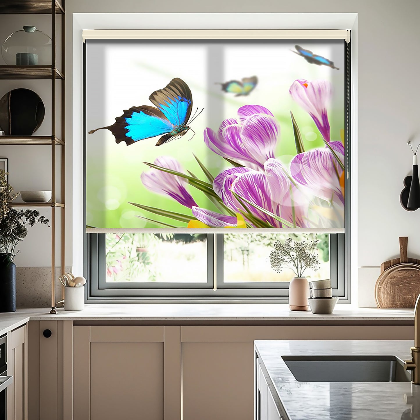 Turkuaz Kelebek ve Çiçekler Baskılı Stor Perde - Güneşlik Perdesi - Mutfak Perdesi - AD HOME Tekstil