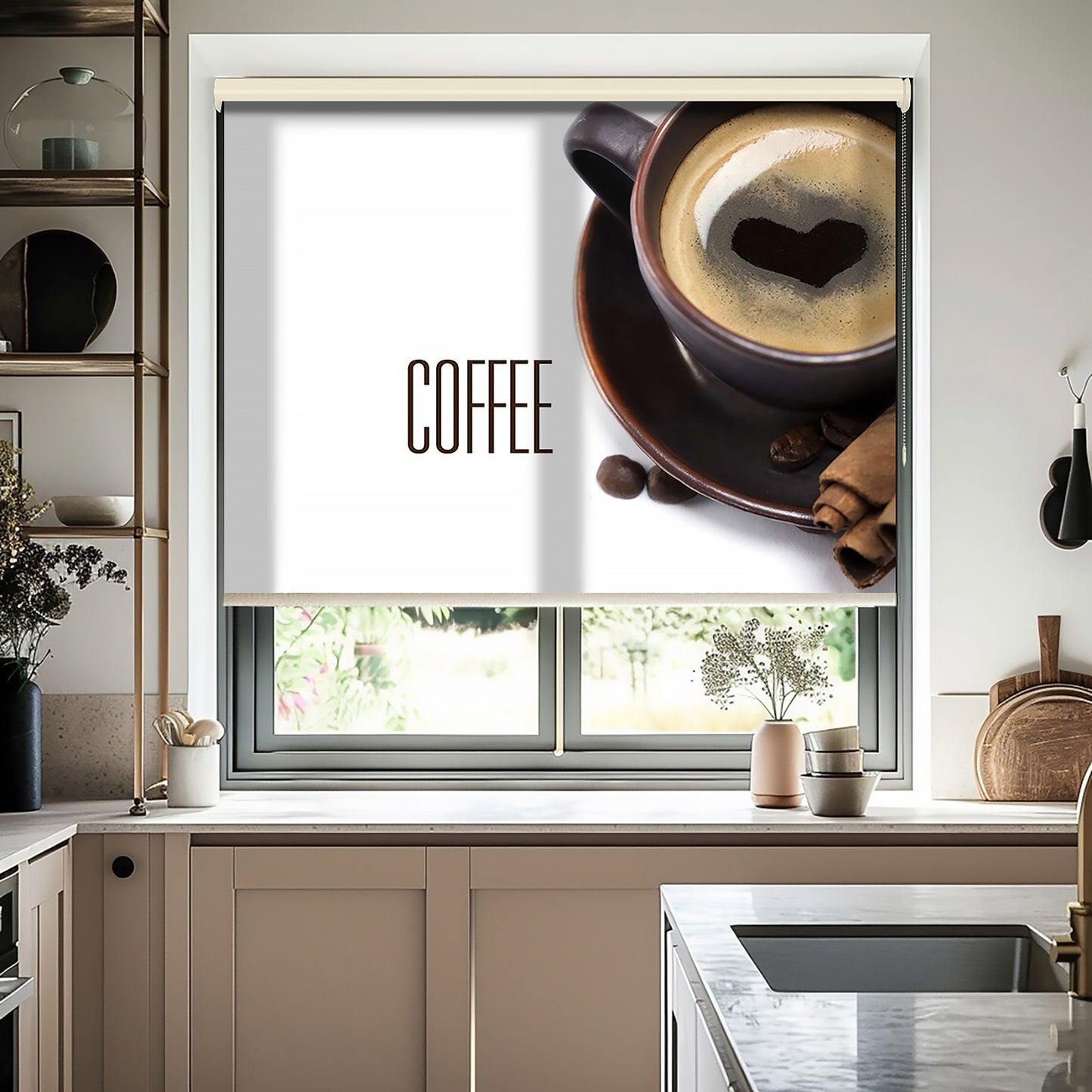 Coffee Kalp Fincan Baskılı Stor Perde - Baskılı Güneşlik Perdesi - Mutfak Perdesi - AD HOME Tekstil