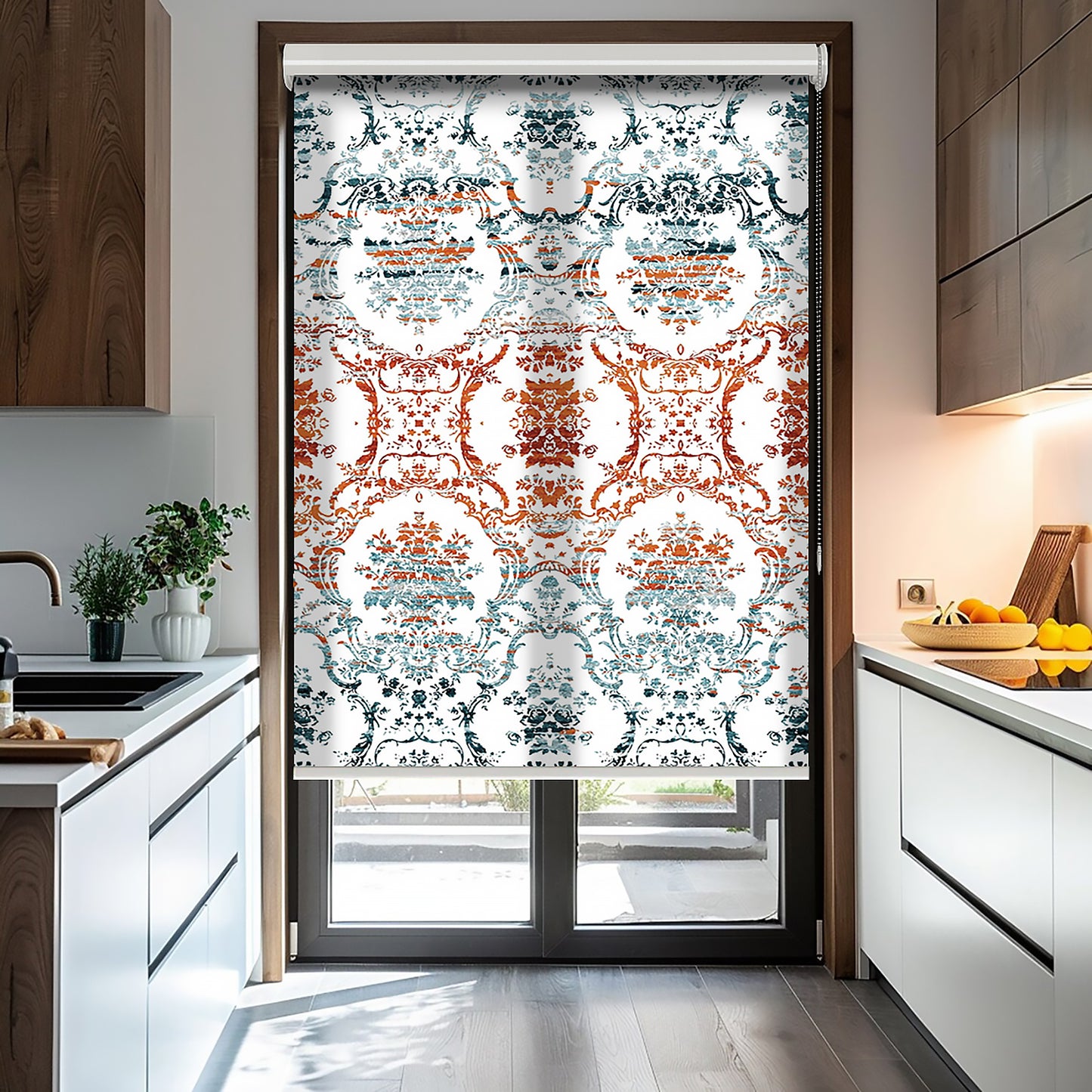 Turuncu Turkuaz Motif Baskılı Stor Perde, Salon Perde, Mutfak Perde, Yatak Odası Perde - AD HOME Tekstil