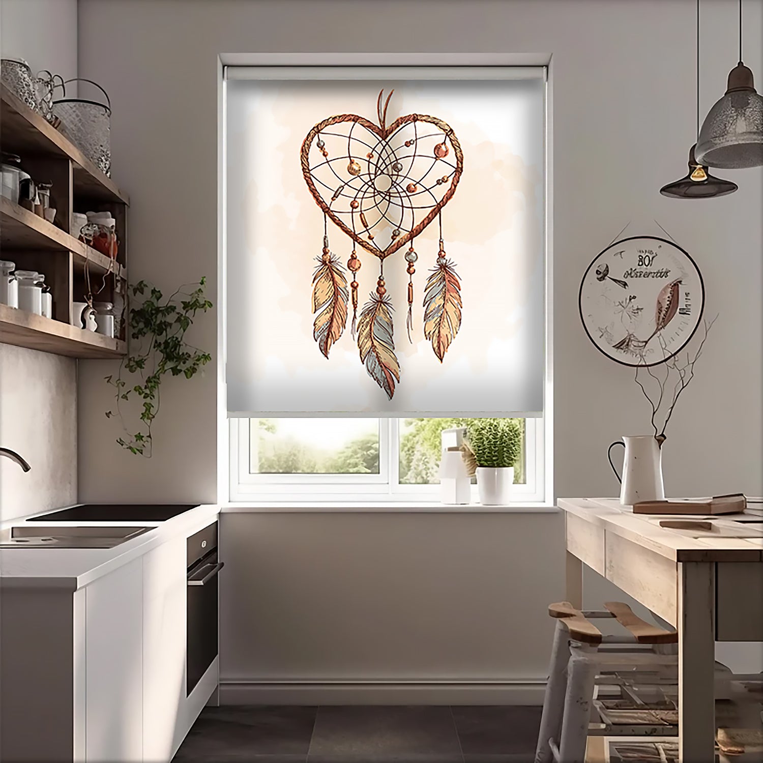 Kolye Ve Yaprak Baskılı Stor Perde - Baskılı Güneşlik Perdesi - Salon Perdesi