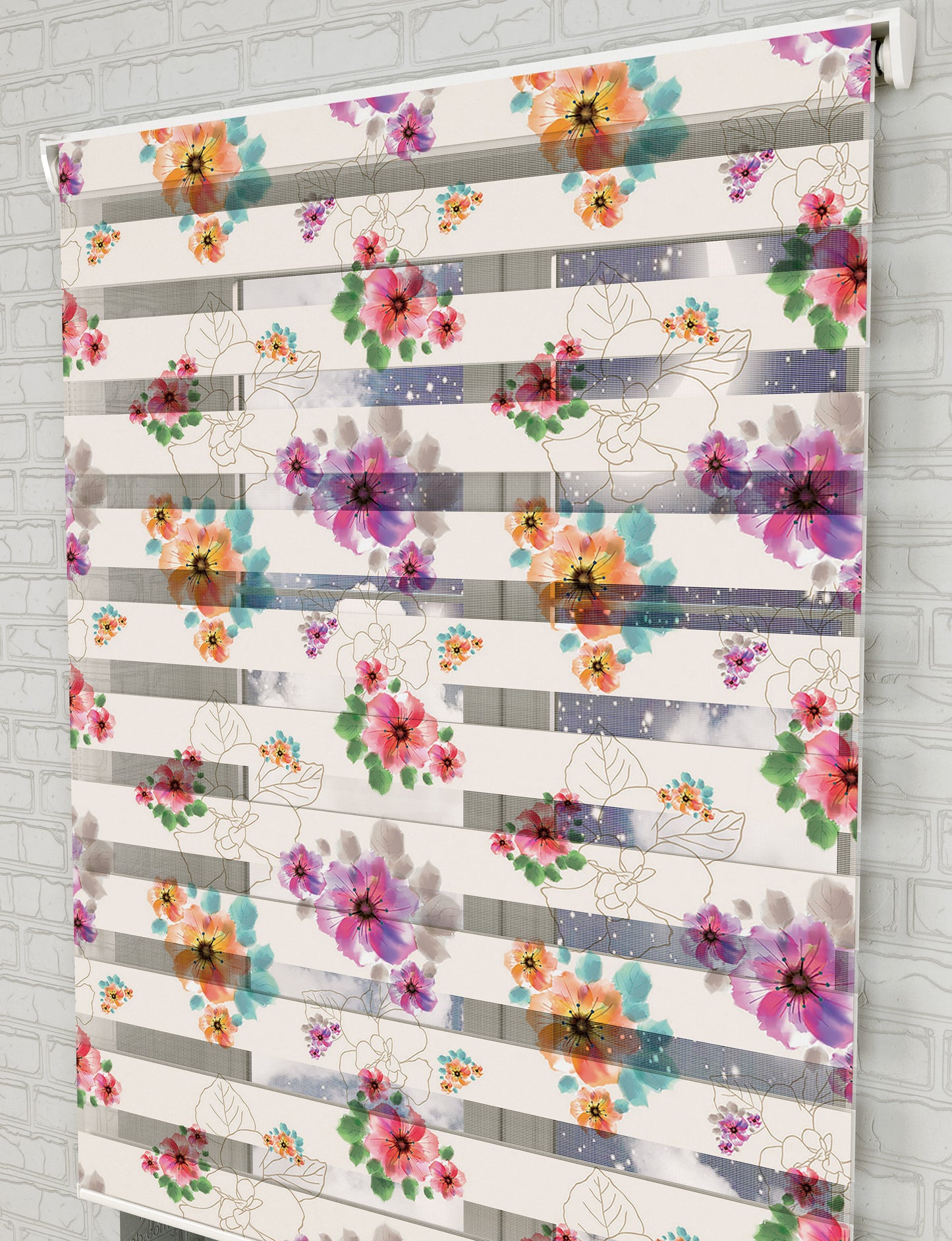 Renkli Çiçekler Baskılı Zebra Perde -Salon Perdesi - AD HOME Tekstil