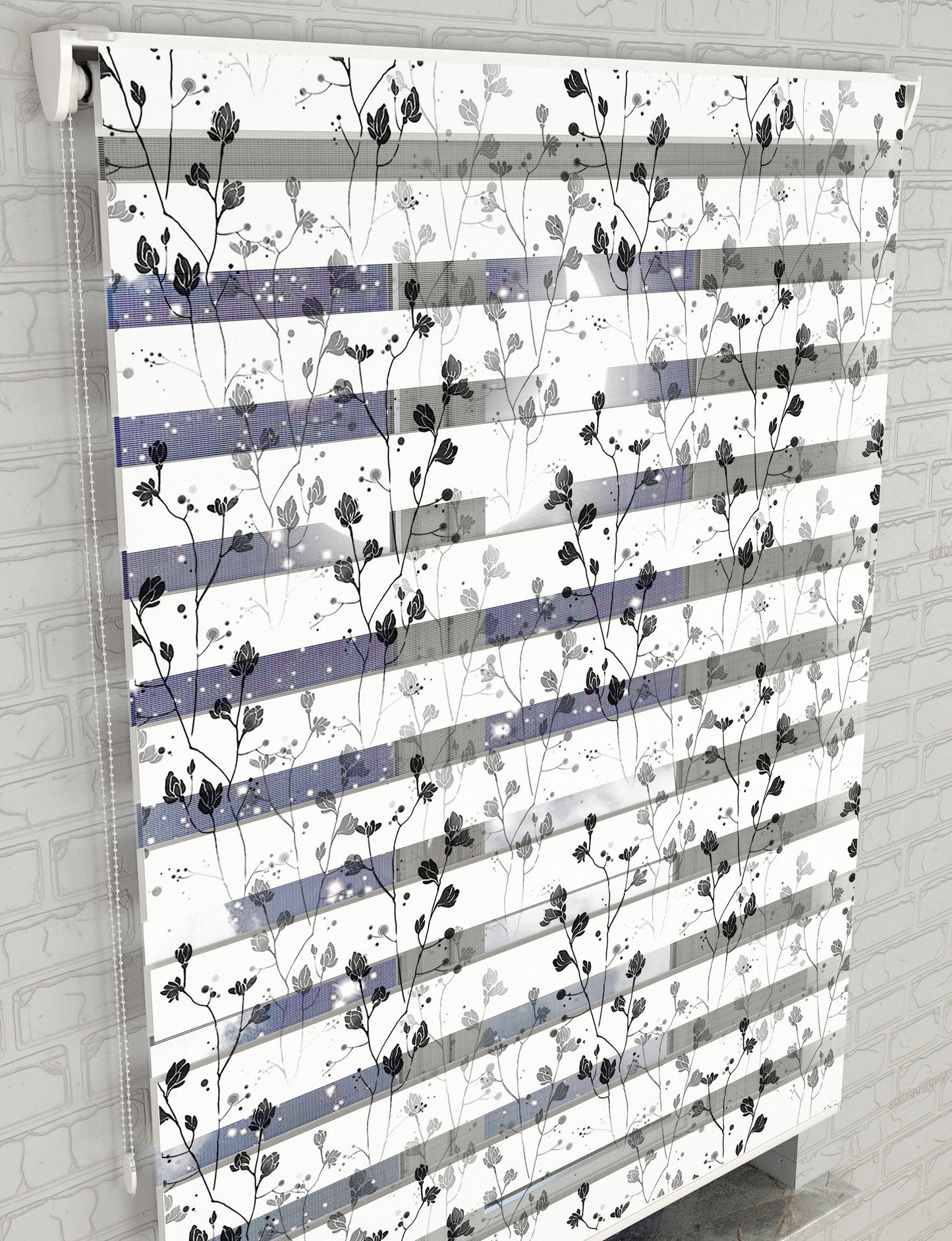 Gri Çiçekler Baskılı Zebra Perde - Mutfak Perdesi, Salon Perdesi, Yatak Odası Perdesi - AD HOME Tekstil