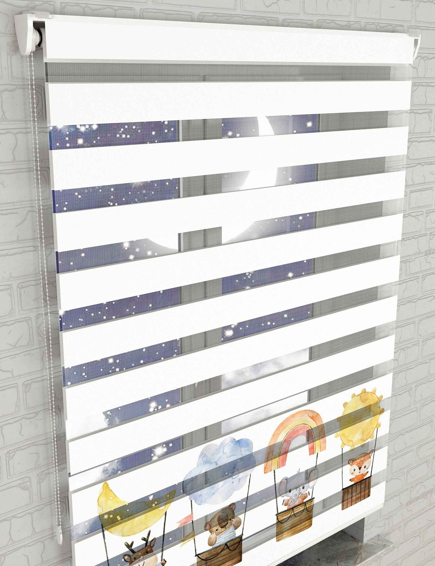 Gökkuşağı ve Güneş Baskılı Zebra Perde - Bebek Odası Perdesi, Erkek Çocuk Odası Perde - AD HOME Tekstil