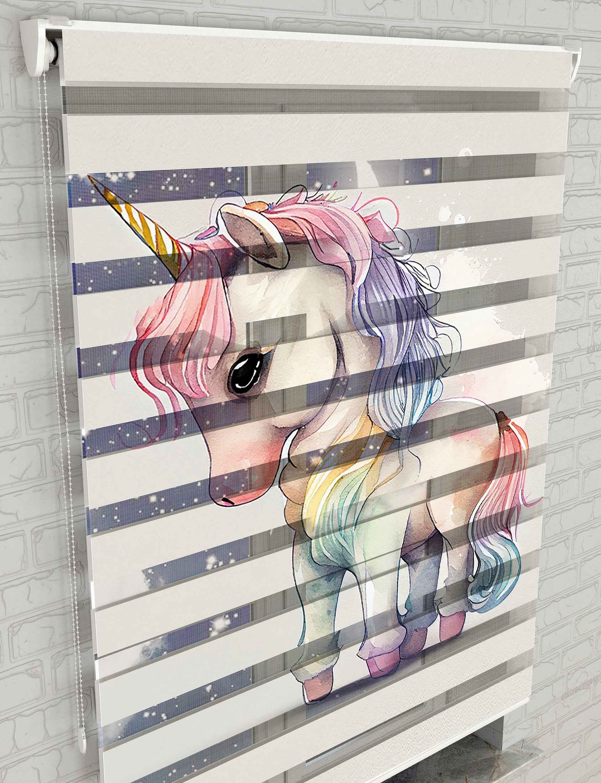 Unicorn At Baskılı Zebra Perde -Kız Çocuk Odası Perdesi - AD HOME Tekstil