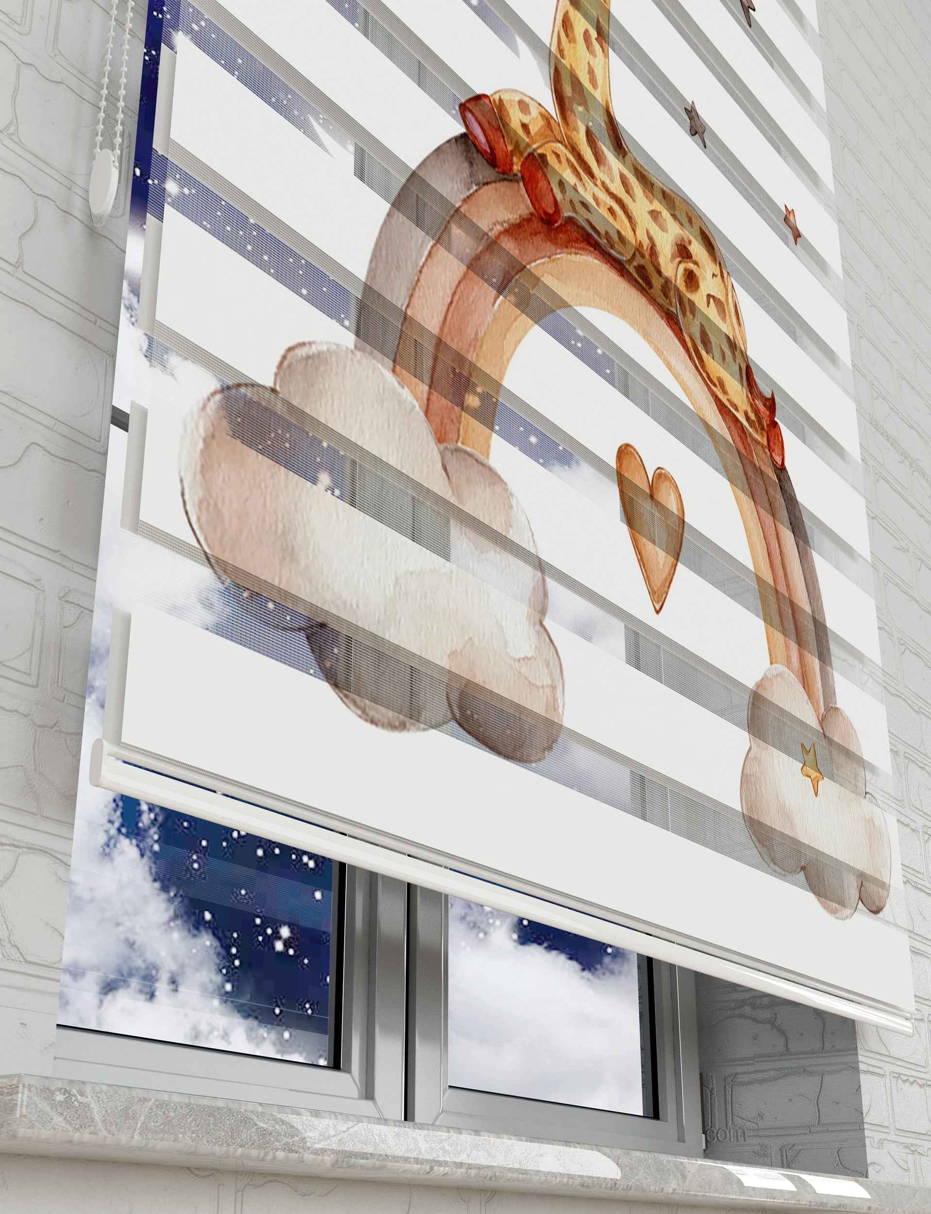 Gökkuaşağı ve Sevimli Zürafa Baskılı Zebra Perde - Bebek Odası Perdesi - AD HOME Tekstil