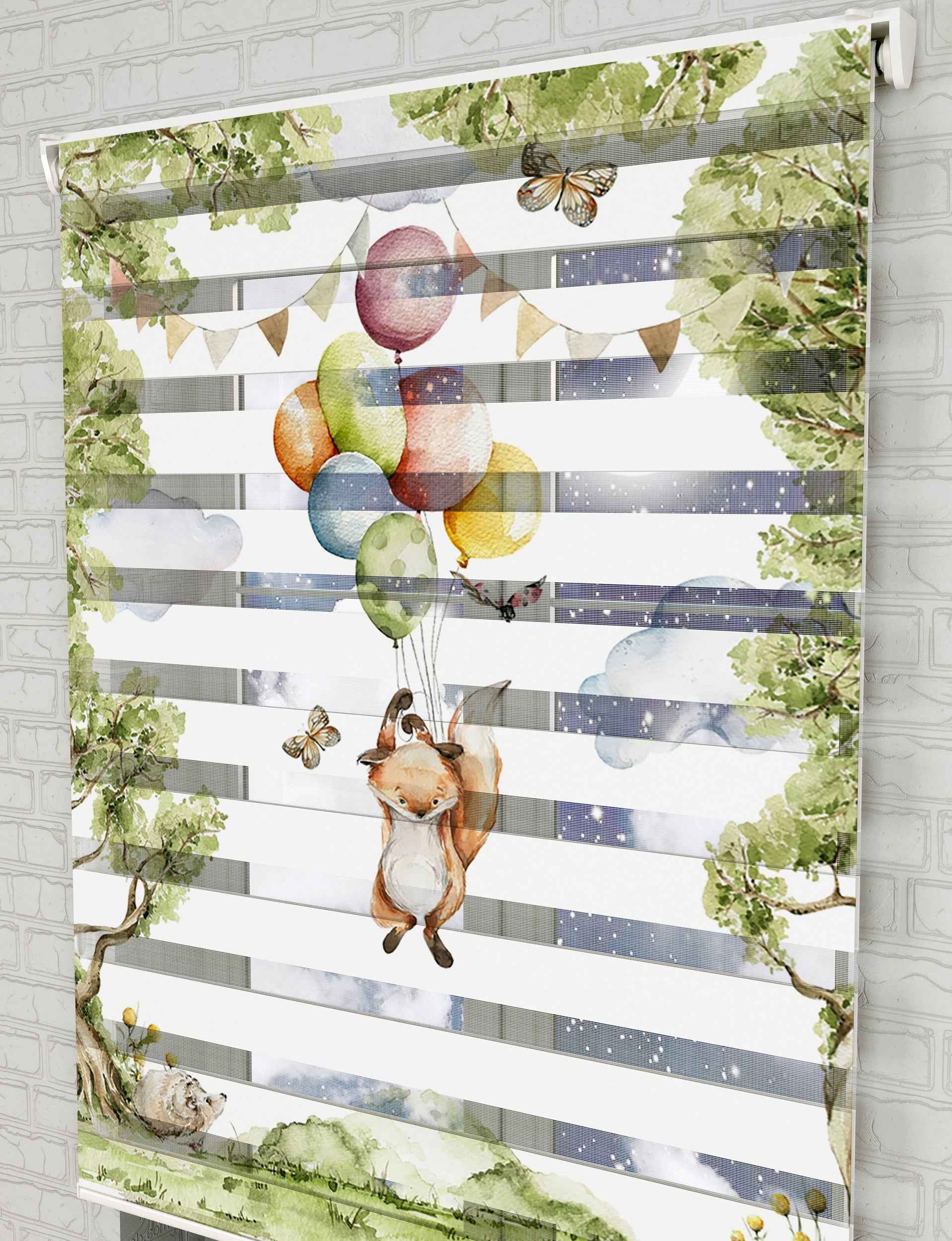 Orman Balonlar ve Tilki Baskılı Zebra Perde - Bebek Odası Perdesi - AD HOME Tekstil