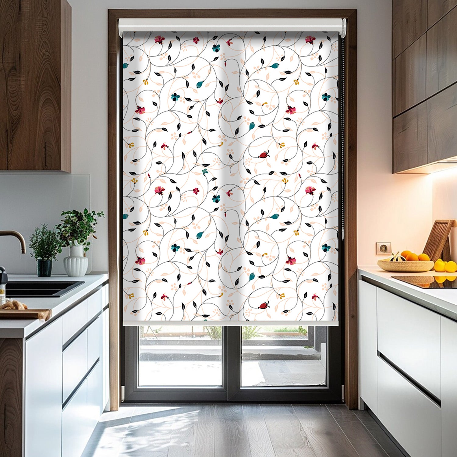 İnce Dallar Baskılı Stor Perde - Baskılı Güneşlik Perdesi - Mutfak Perdesi - AD HOME Tekstil