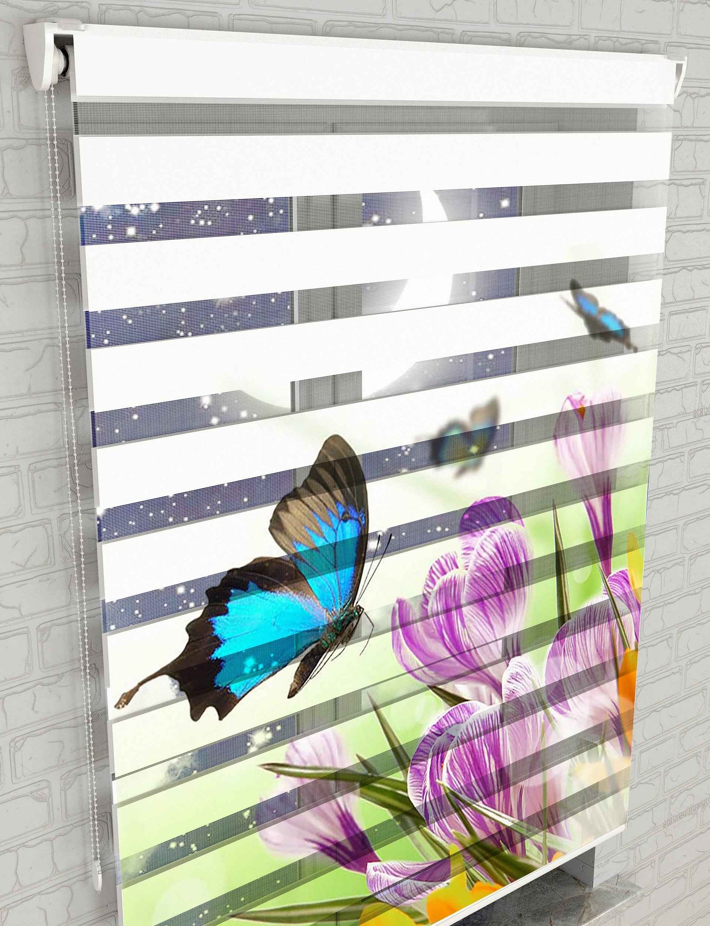 Turkuaz Kelebek ve Çiçekler Baskılı Zebra Perde - Mutfak Perdesi - AD HOME Tekstil