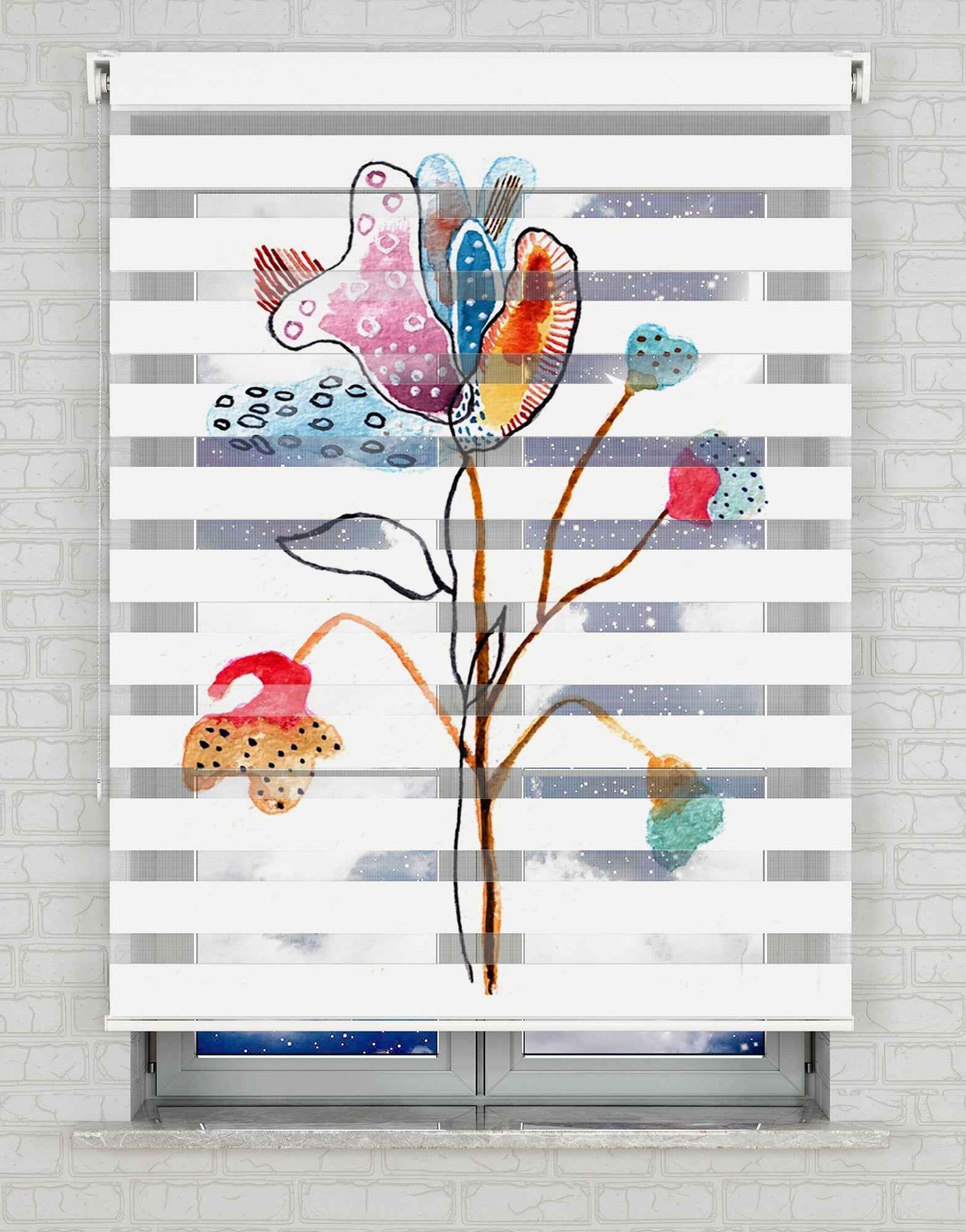 Suluboya Çiçekler Baskılı Zebra Perde - Salon Perdesi, Mutfak Perdesi