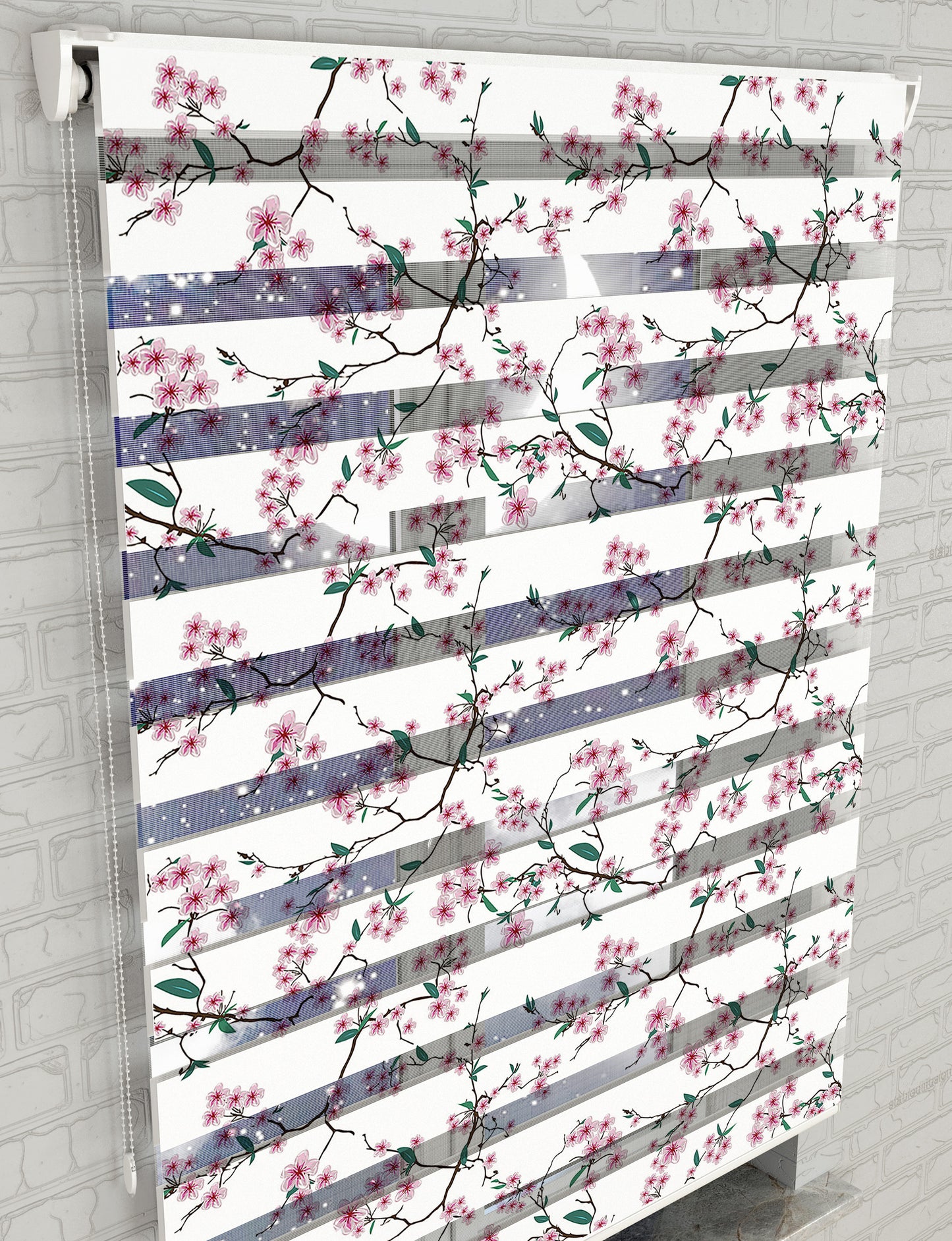 Pembe Çiçekler ve Dallar Baskılı Zebra Perde - Mutfak Perdesi - AD HOME Tekstil