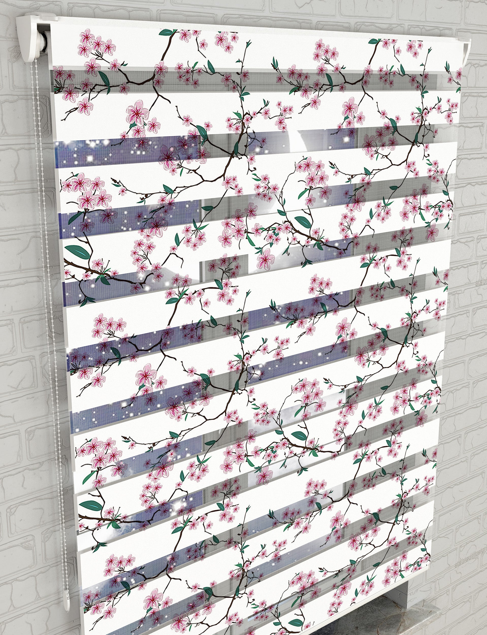Pembe Çiçekler ve Dallar Baskılı Zebra Perde - Mutfak Perdesi - AD HOME Tekstil