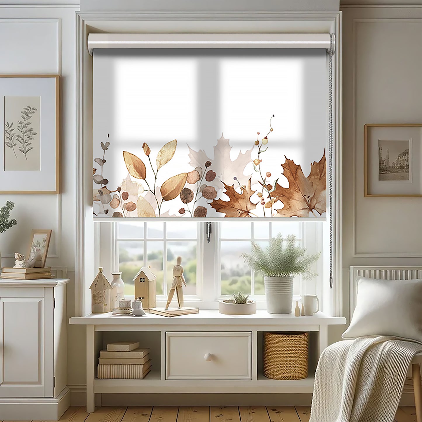 Kahverengi Yapraklar Baskılı Stor Perde, Baskılı Güneşlik Perdesi, Salon Perde, Mutfak Perde - AD HOME Tekstil