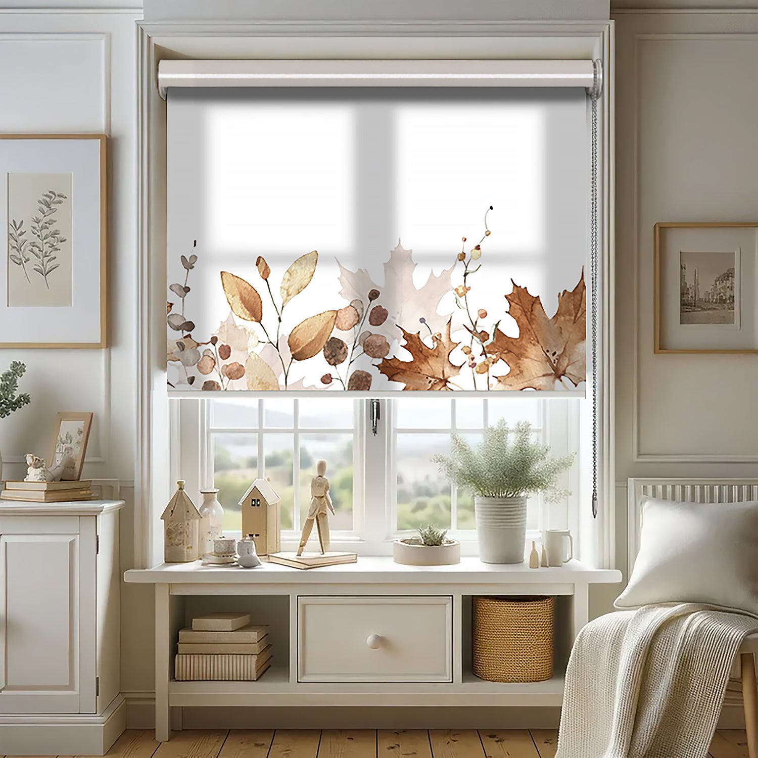 Kahverengi Yapraklar Baskılı Stor Perde, Baskılı Güneşlik Perdesi, Salon Perde, Mutfak Perde - AD HOME Tekstil