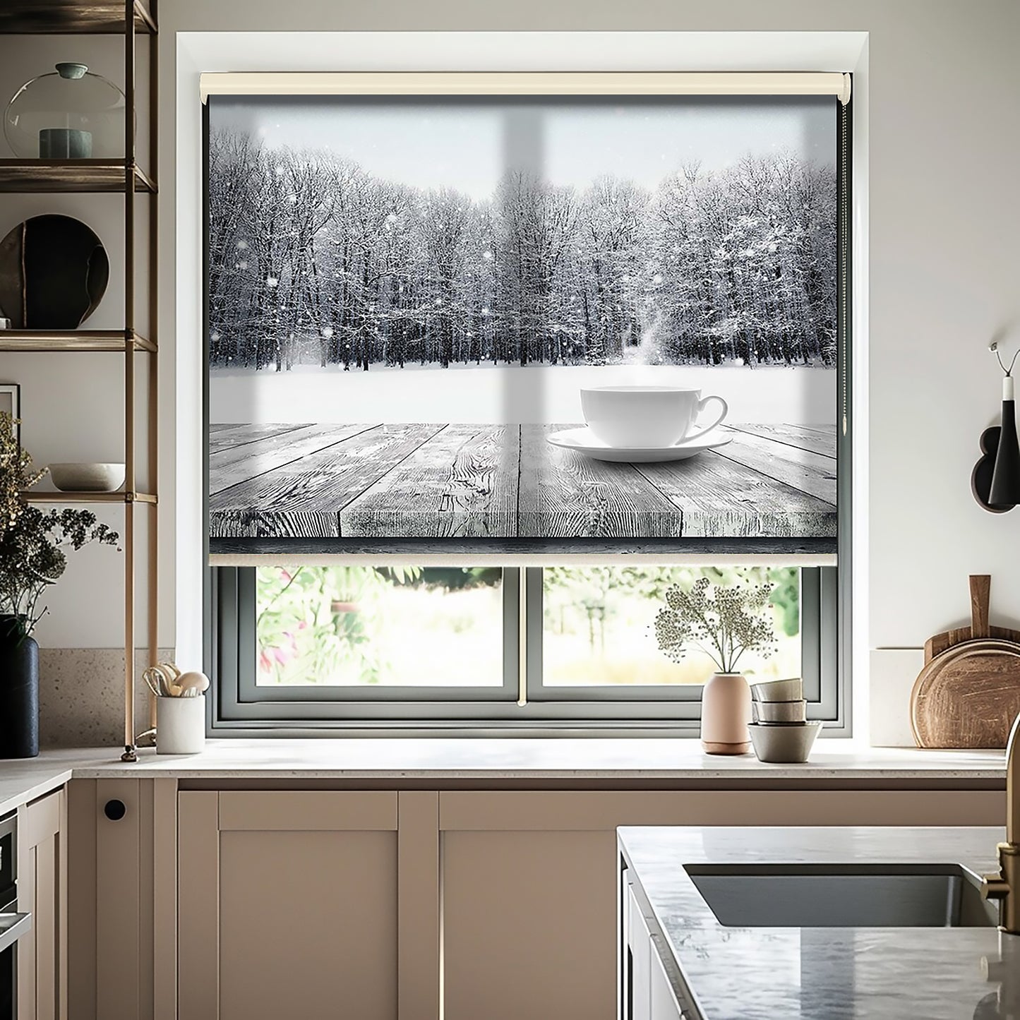 Çay ve Kış Baskılı Stor Perde - Baskılı Güneşlik Perdesi - Mutfak Perdesi - AD HOME Tekstil