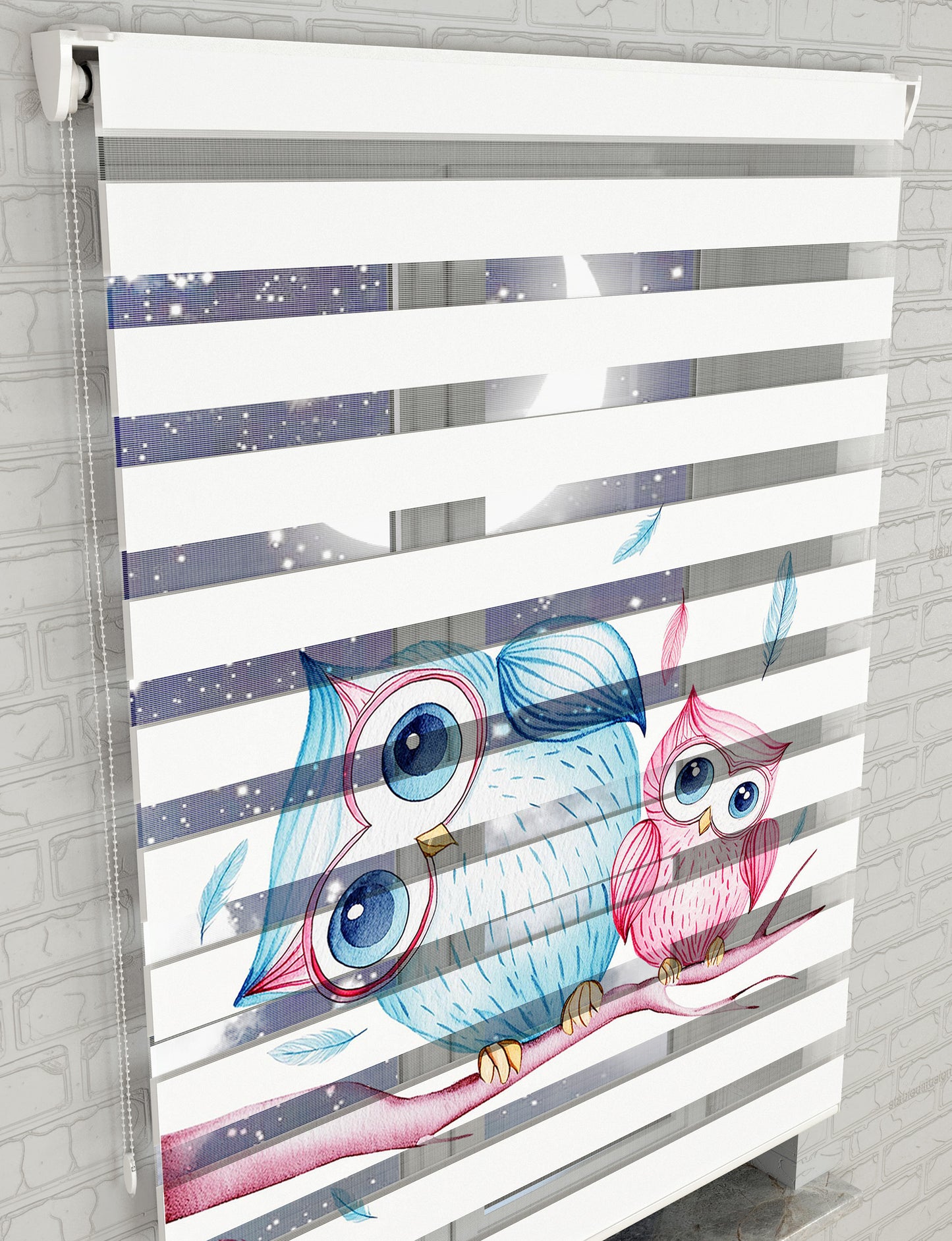 Baykuşlar Vektör Baskılı Zebra Perde - Kız Çocuk Odası Perdesi, Bebek Odası Perdesi - AD HOME Tekstil