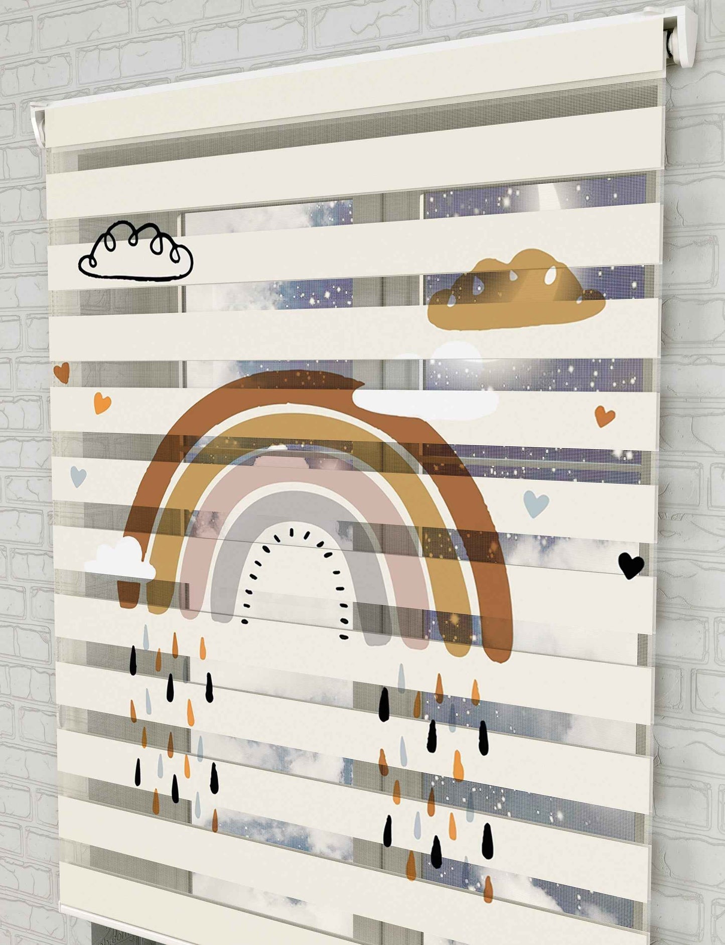Kahverengi Gökkuşağı Zebra Perde - Bebek Odası İçin Vektörel Baskılı Gökkuşağı Zebra Perde - AD HOME Tekstil