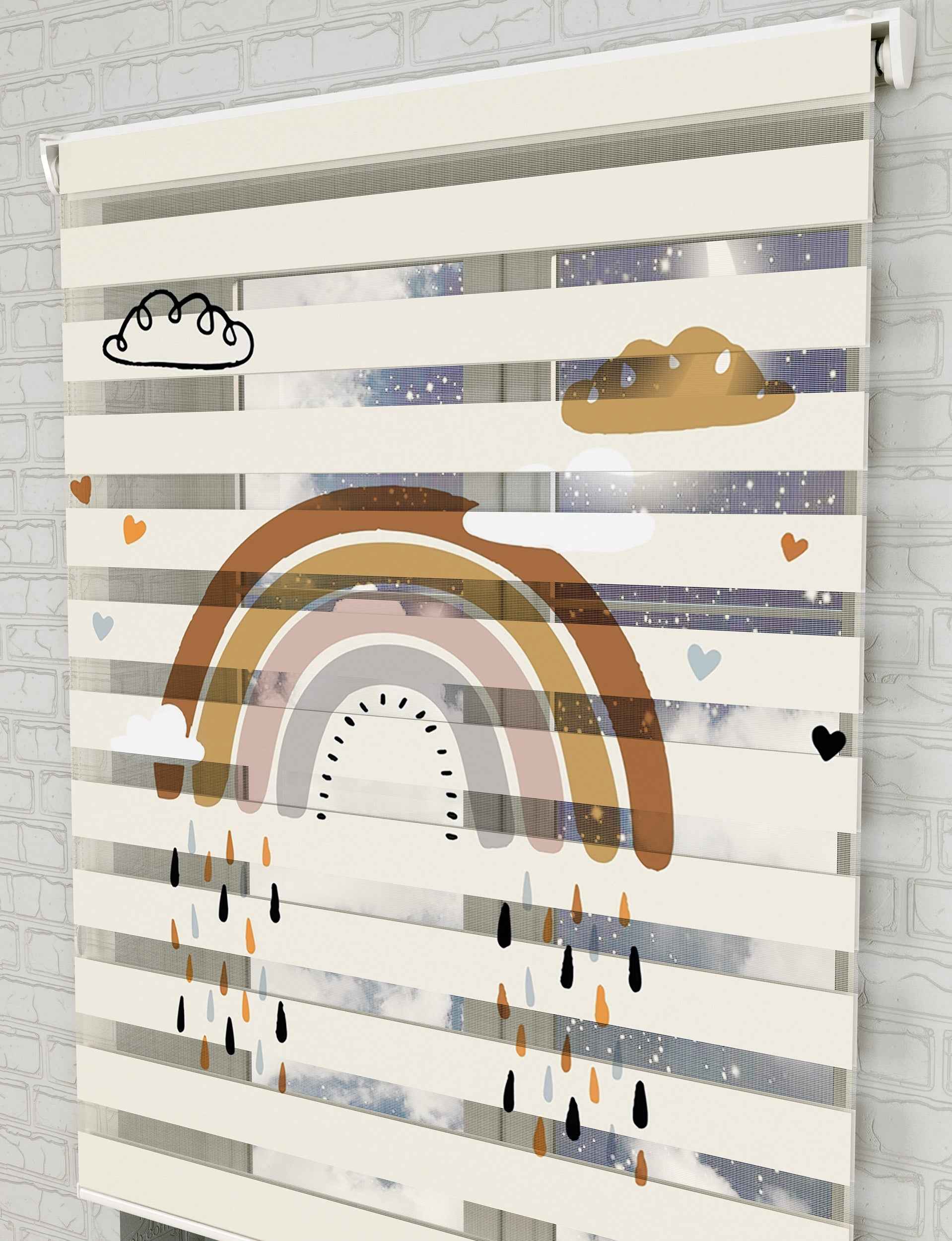 Kahverengi Gökkuşağı Zebra Perde - Bebek Odası İçin Vektörel Baskılı Gökkuşağı Zebra Perde - AD HOME Tekstil