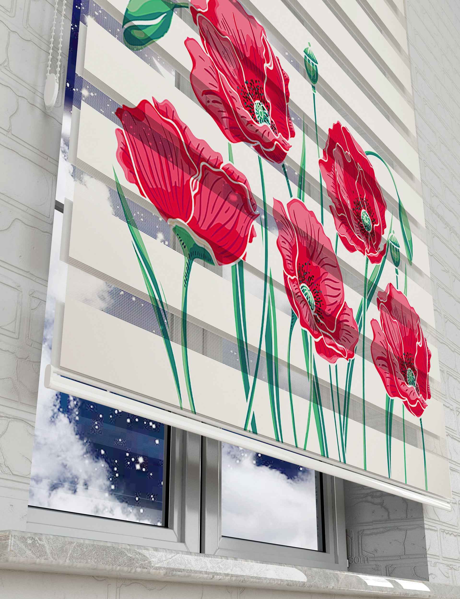 Gelincik Çiçekleri Baskılı Zebra Perde - Salon Perdesi, Mutfak Perdesi - AD HOME Tekstil