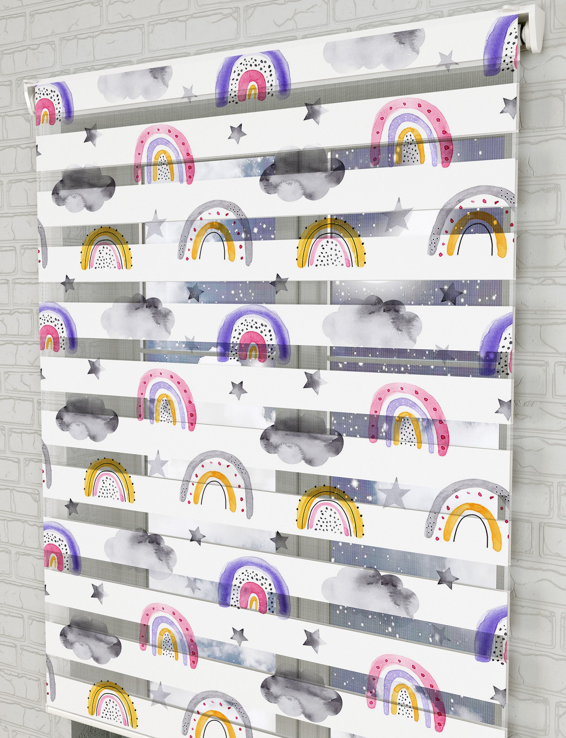 Renkli Gökkuşağı Suluboya Baskılı Zebra Perde - Bebek Odası Perdesi - AD HOME Tekstil