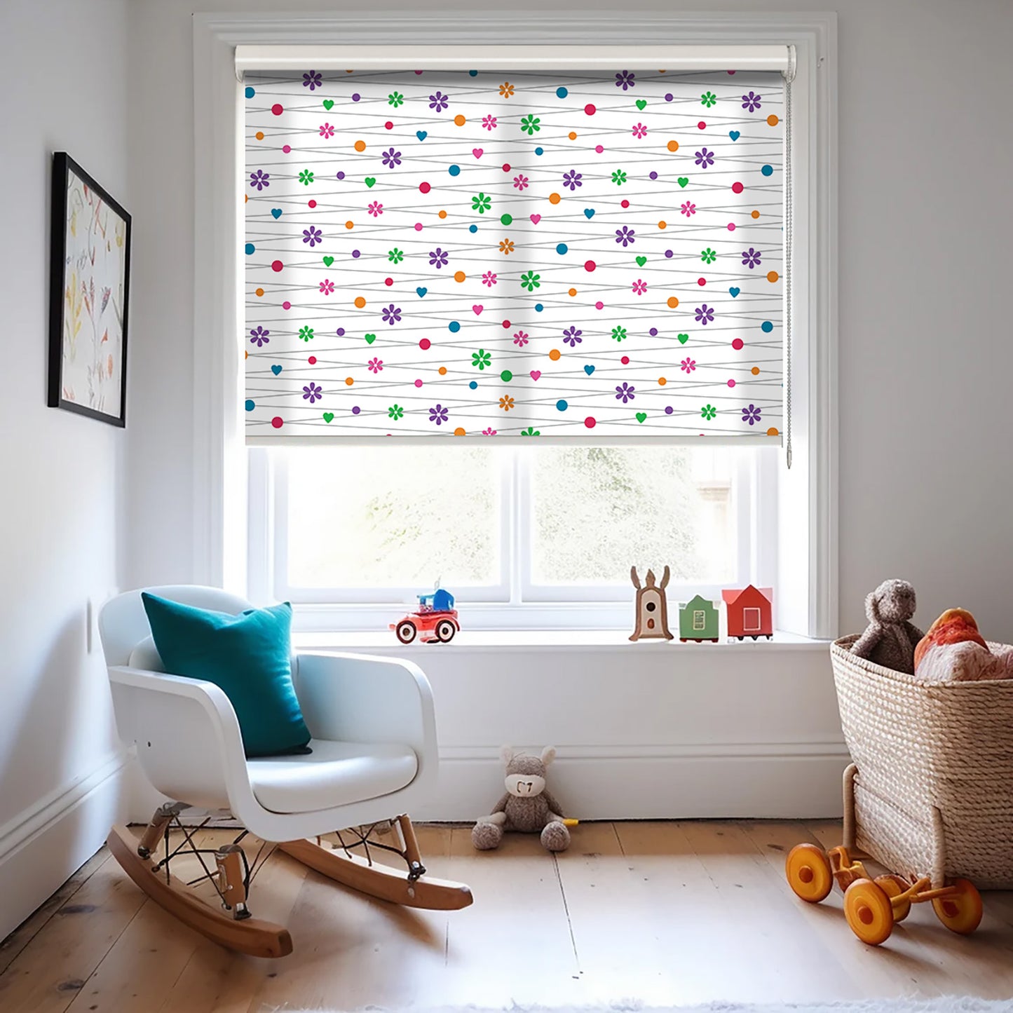 Renkli Çiçekler Baskılı Stor Perde - Baskılı Güneşlik Perdesi - Bebek Odası Perdesi - AD HOME Tekstil