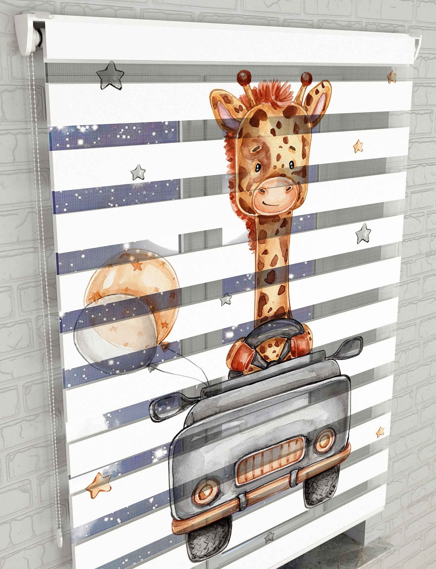 Zürafa ve Araba Baskılı Zebra Perde - Bebek Odası Perdesi - AD HOME Tekstil