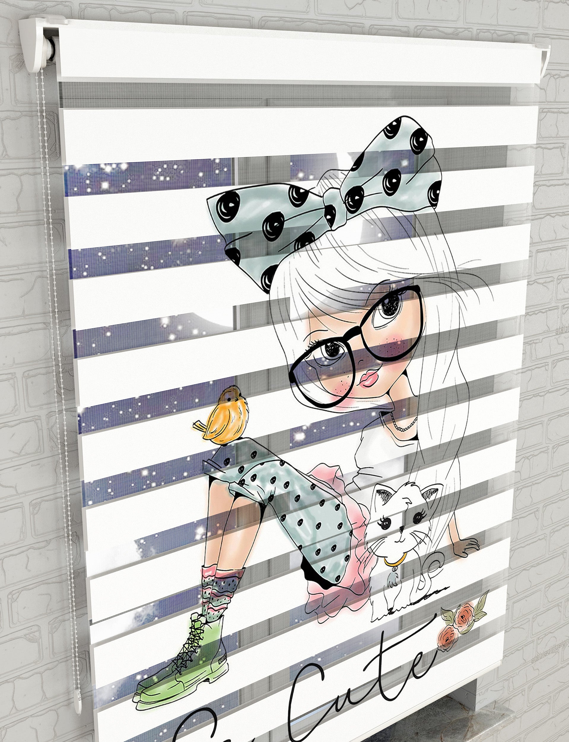 Cute Girl Vektör Baskılı Zebra Perde - Kız Çocuk Odası Perdesi - AD HOME Tekstil