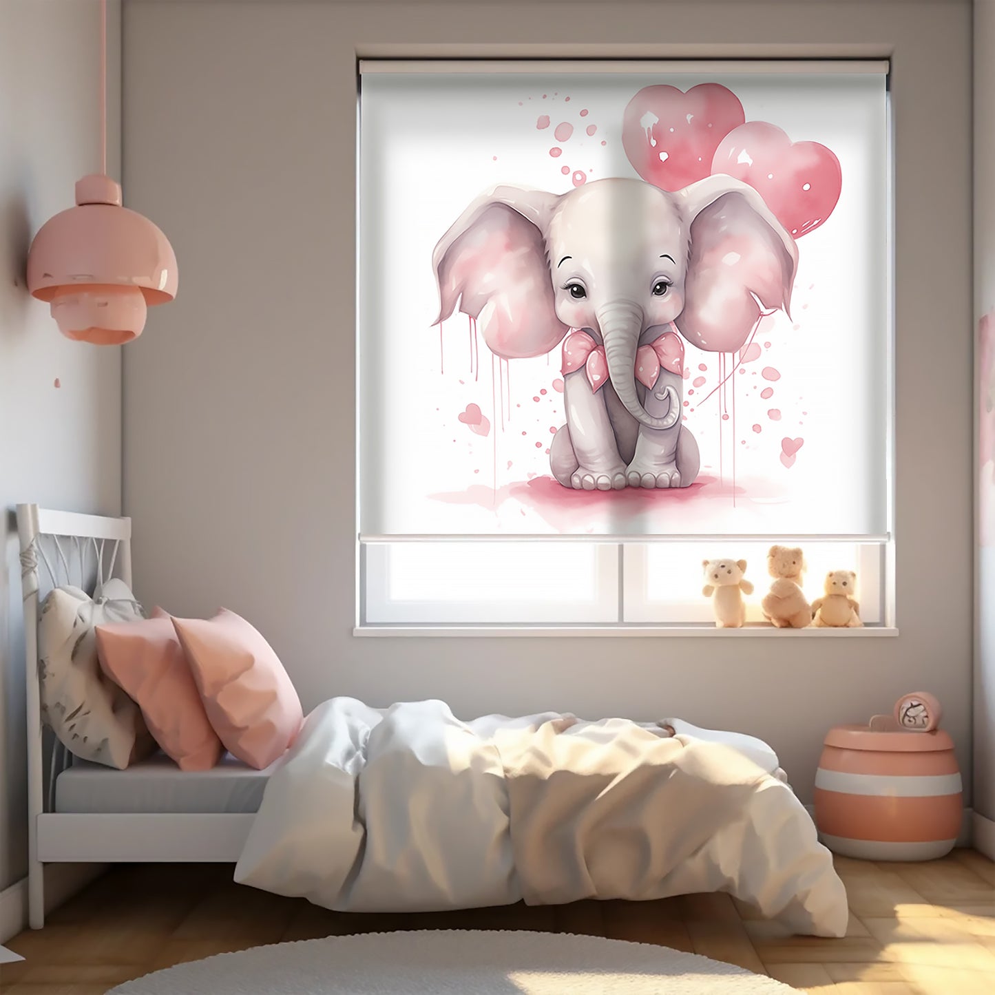 Kalpler ve Fil Baskılı Stor Perde - Güneşlik - Bebek Odası Perde, Kız Çocuk Odası Perde - AD HOME Tekstil