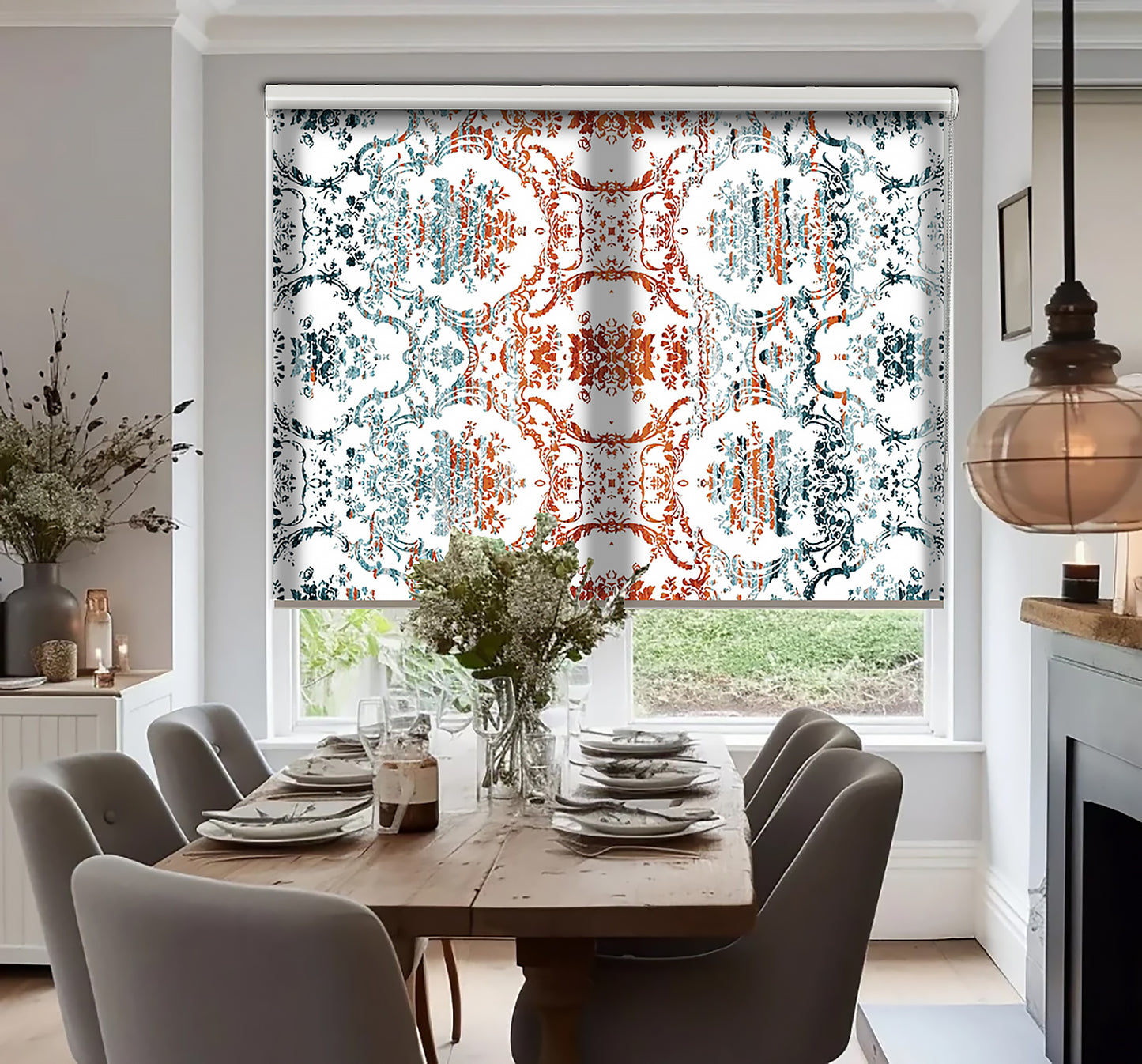Turuncu Turkuaz Motif Baskılı Stor Perde, Salon Perde, Mutfak Perde, Yatak Odası Perde - AD HOME Tekstil