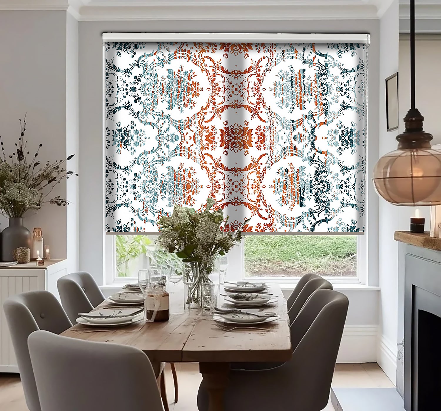 Turuncu Turkuaz Motif Baskılı Stor Perde, Salon Perde, Mutfak Perde, Yatak Odası Perde - AD HOME Tekstil