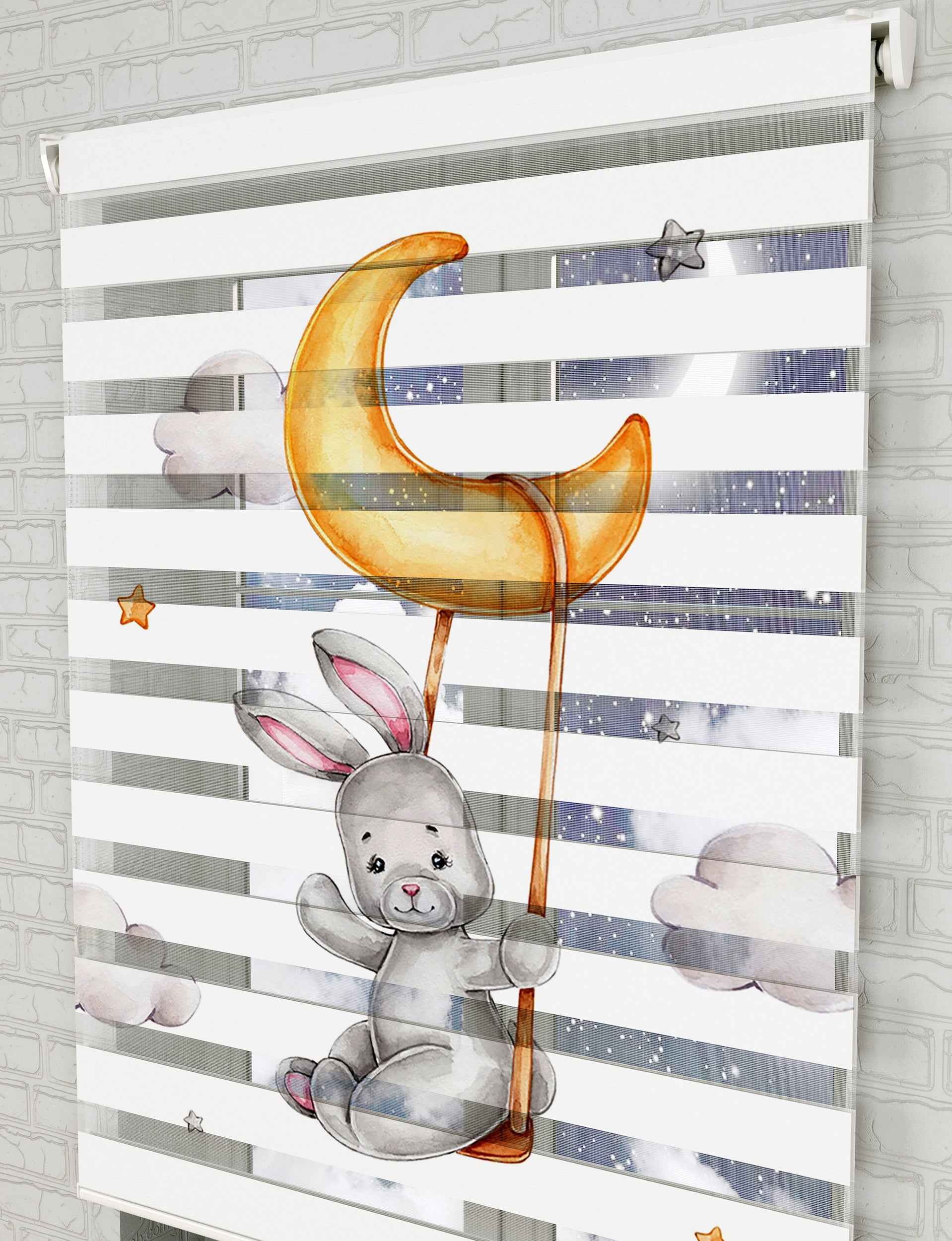 Ay Bulutlar ve Sevimli Tavşan Baskılı Zebra Perde - Bebek Odası Perdesi - AD HOME Tekstil