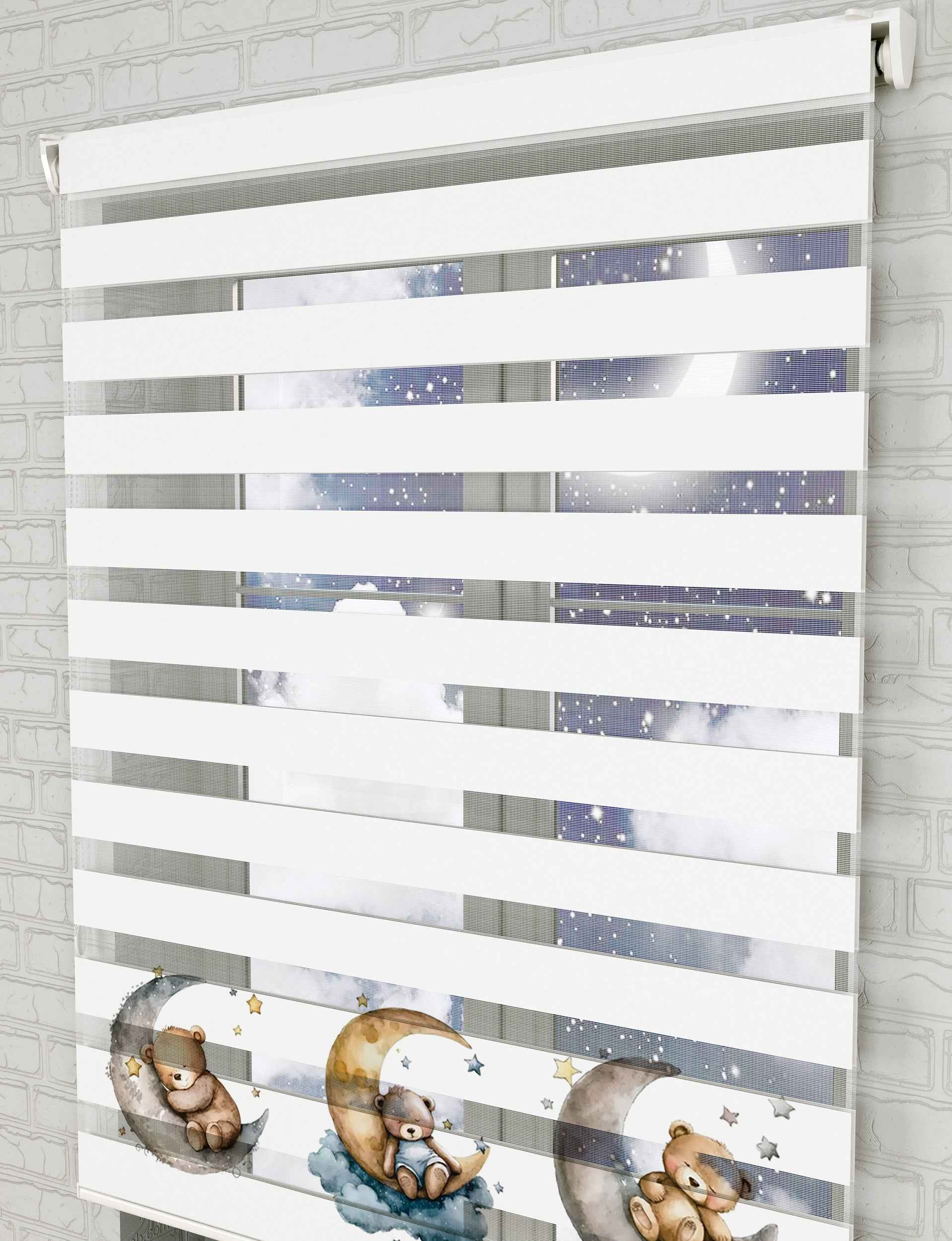 Ay Yıldızlar ve Ayıcıklar Baskılı Zebra Perde - Bebek Odası Perdesi - AD HOME Tekstil