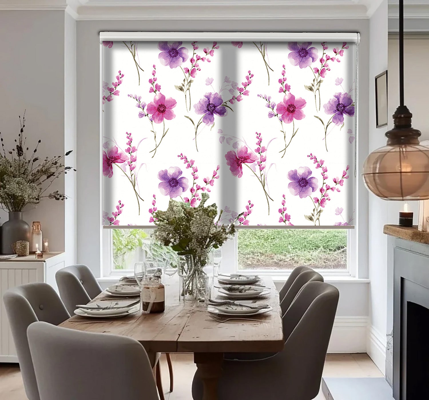 Mor Çiçekler Baskılı Stor Perde - Baskılı Güneşlik Perdesi - Salon Perdesi - AD HOME Tekstil