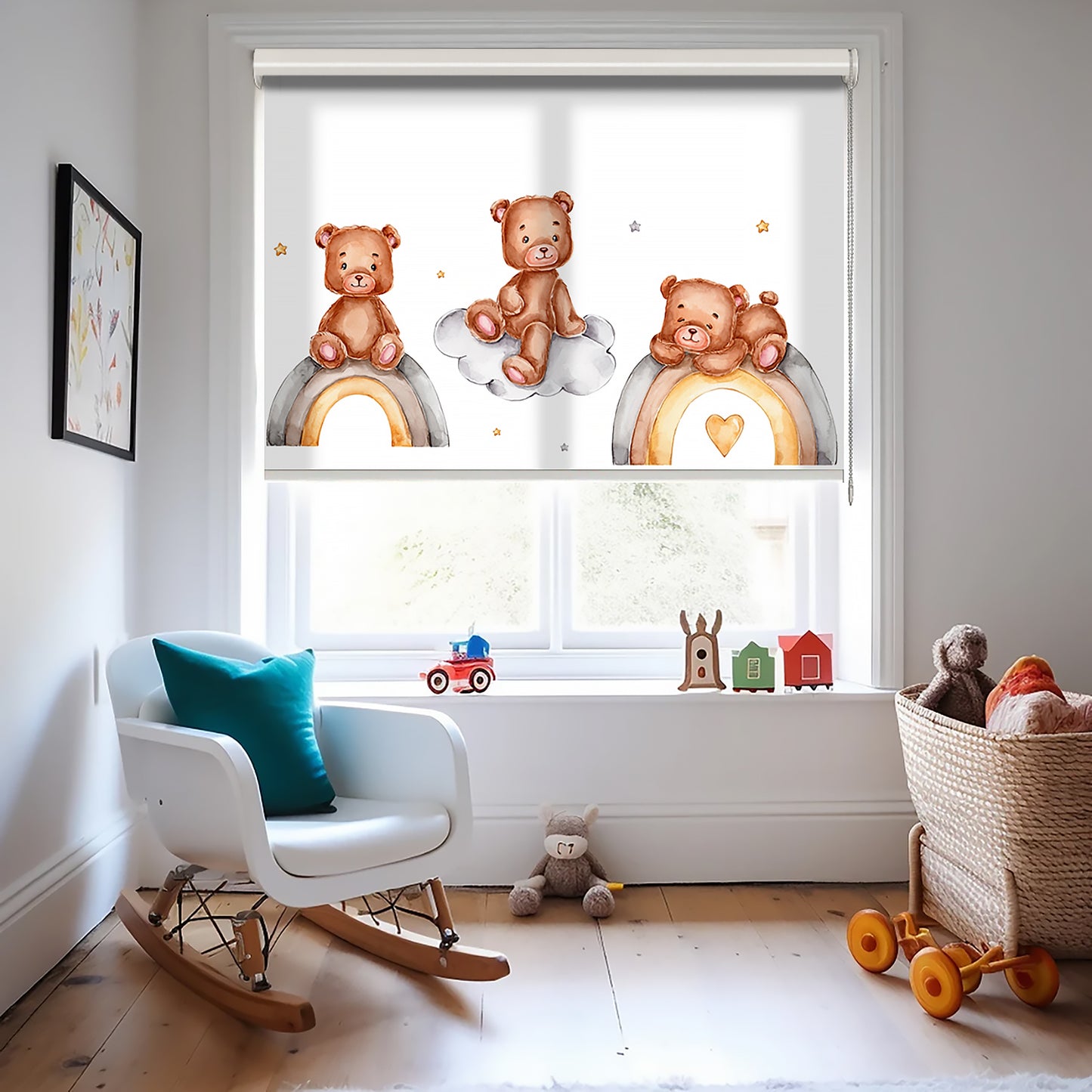 Gökkuşağı ve Sevimli Ayıcıklar Baskılı Stor Perde - Güneşlik - Bebek Odası Perdesi - AD HOME Tekstil