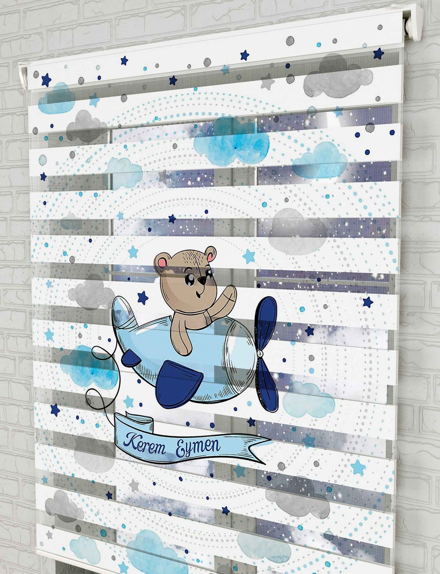 Ayıcık ve Uçak Vektör Baskılı Zebra Perde - Bebek Odası Perdesi - AD HOME Tekstil