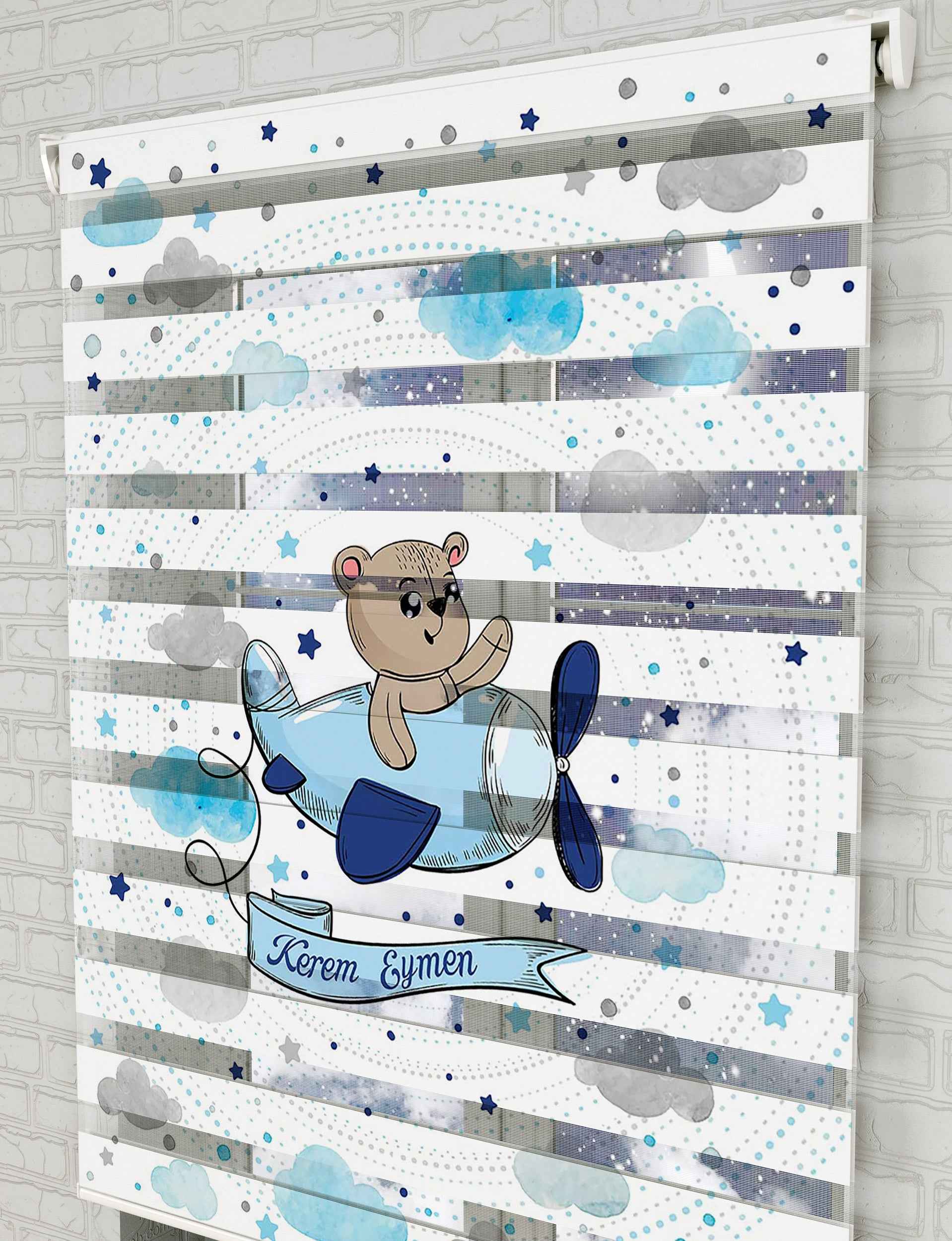 Ayıcık ve Uçak Vektör Baskılı Zebra Perde - Bebek Odası Perdesi - AD HOME Tekstil