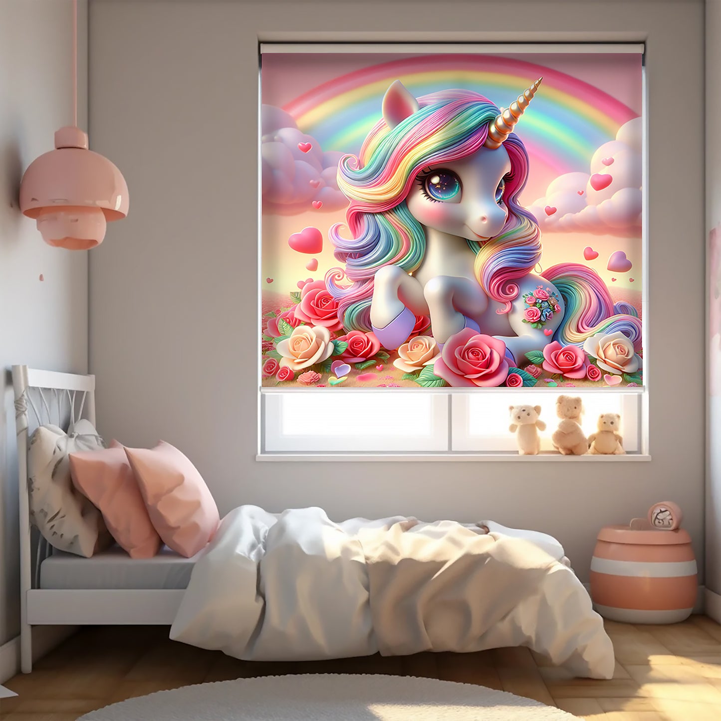 Unicorn ve Çiçekler Baskılı Stor Perde, Güneşlik, Bebek Odası Perde, Kız Çocuk Odası Perde - AD HOME Tekstil