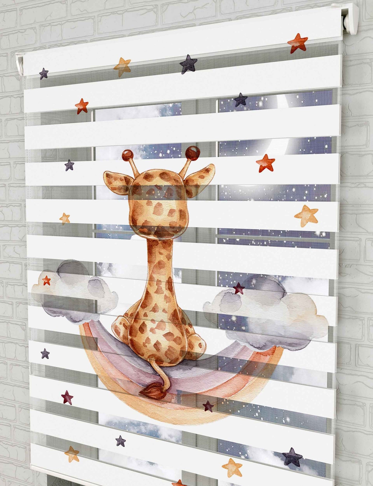 Gökkuşağı ve Sevimli Zürafa Baskılı Zebra Perde - Bebek Odası Perdesi - AD HOME Tekstil