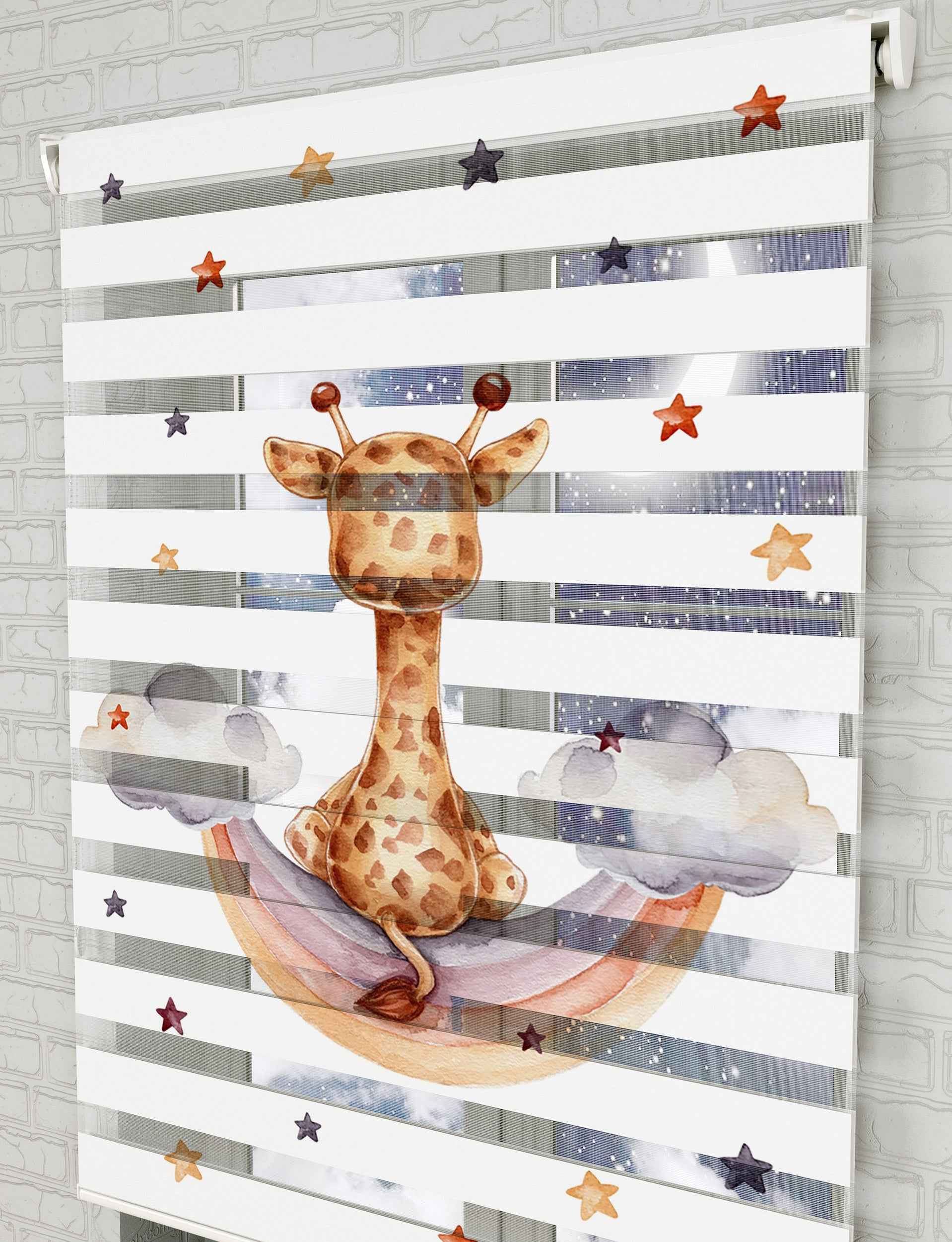 Gökkuşağı ve Sevimli Zürafa Baskılı Zebra Perde - Bebek Odası Perdesi - AD HOME Tekstil