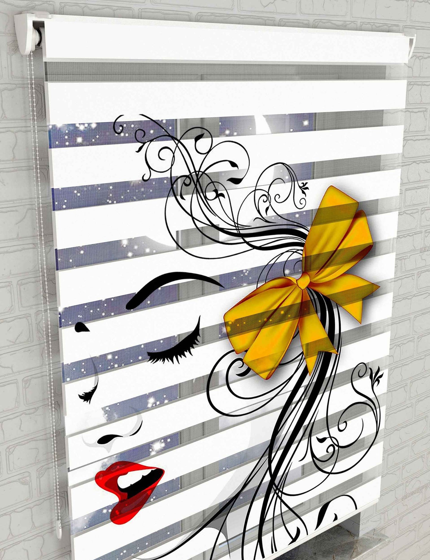 Sarı Tokalı Bayan Vector Baskılı Zebra Perde - Genç Odası Perdesi - AD HOME Tekstil