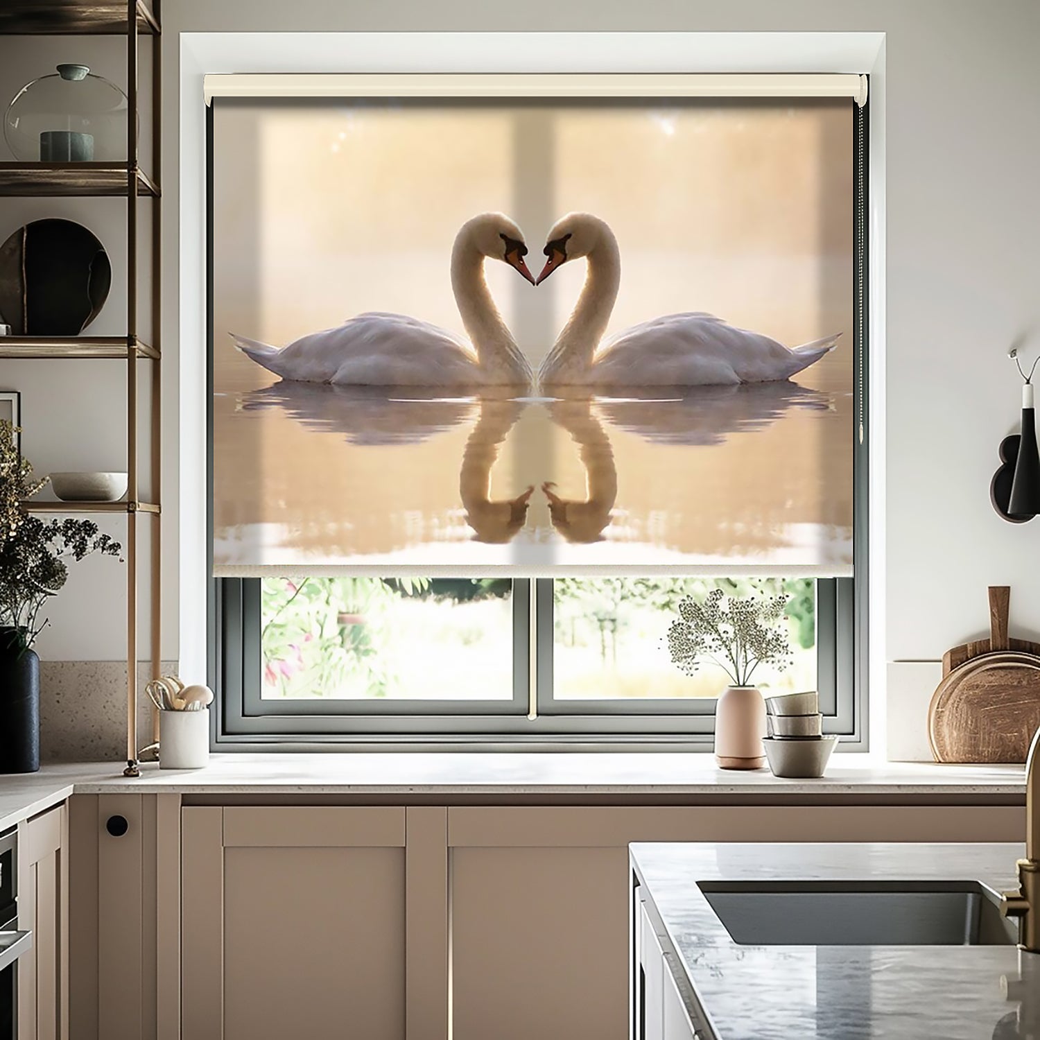 Kuğular ve Göl Baskılı Stor Perde - Güneşlik - Salon Perde, Mutfak Perde, Yatak Odası Perde, - AD HOME Tekstil