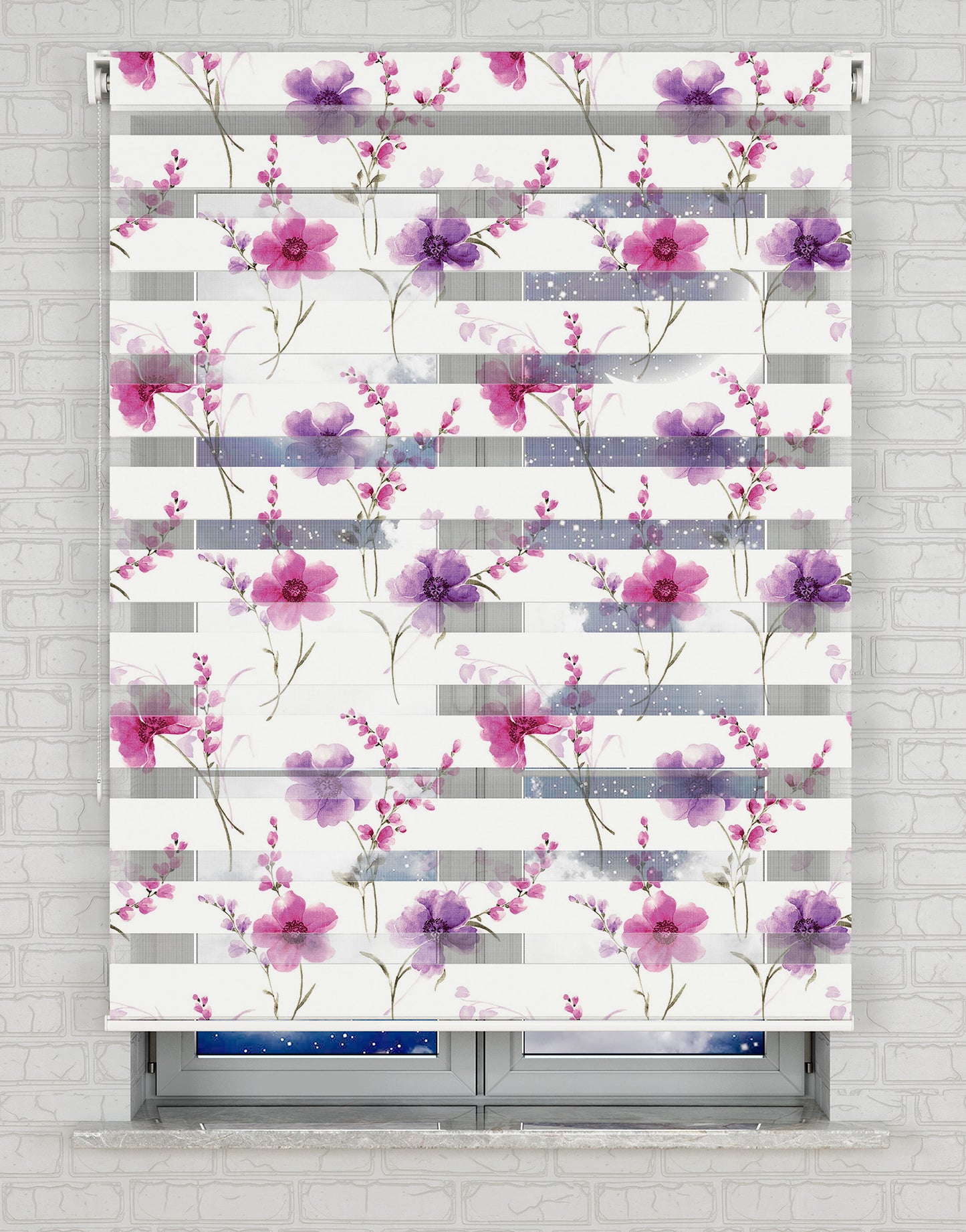 Mor Çiçekler Baskılı Zebra Perde -Salon Perdesi - AD HOME Tekstil