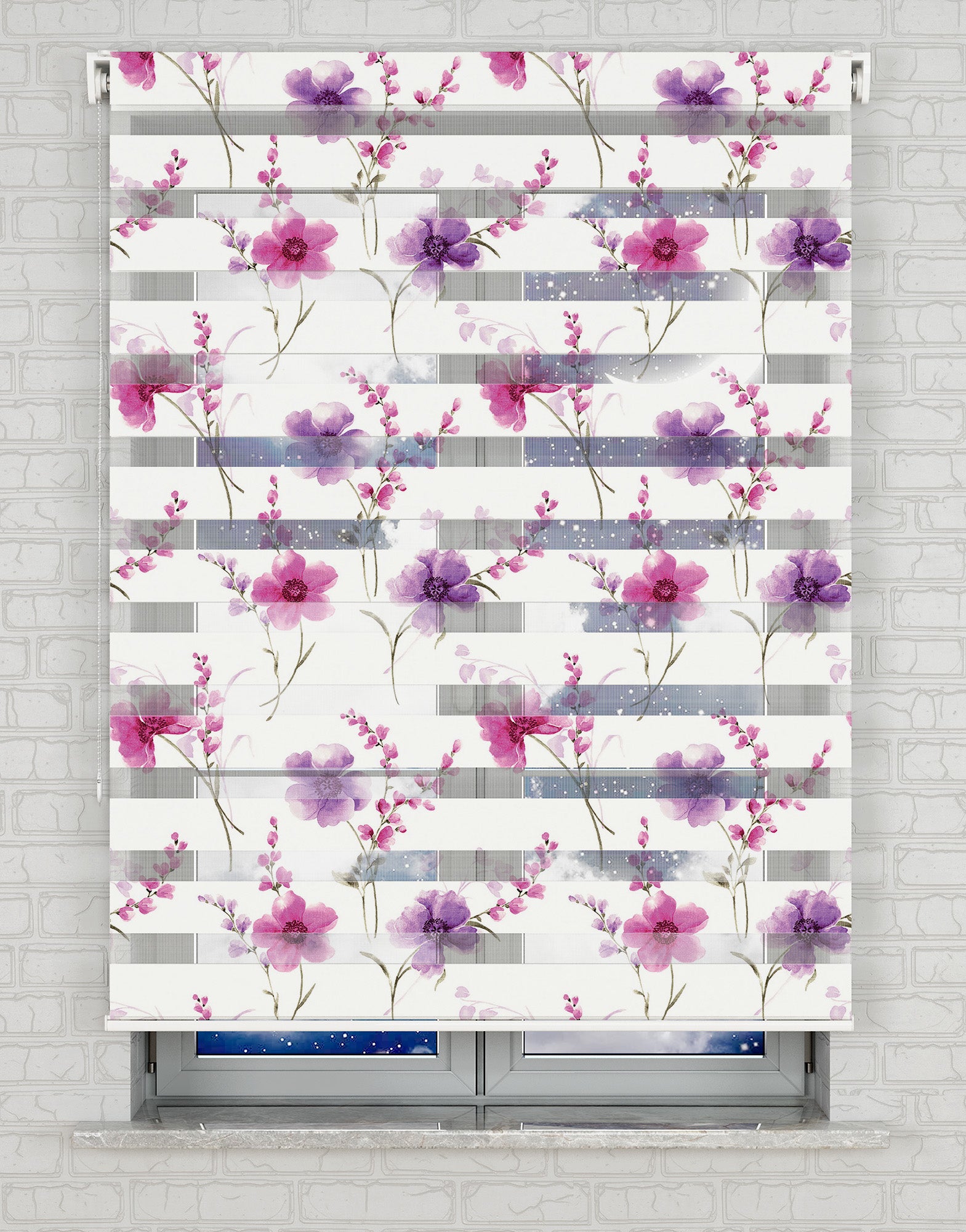 Mor Çiçekler Baskılı Zebra Perde -Salon Perdesi - AD HOME Tekstil