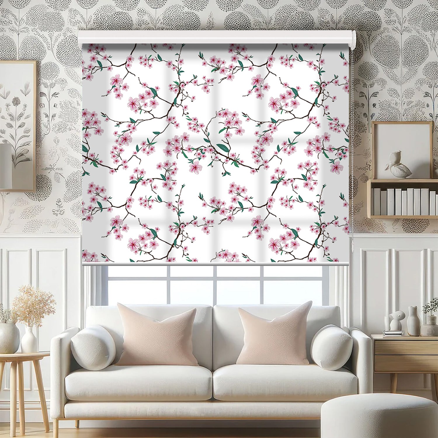 Pembe Çiçekler ve Dallar Baskılı Stor Perde - Baskılı Güneşlik Perdesi - Mutfak Perdesi - AD HOME Tekstil