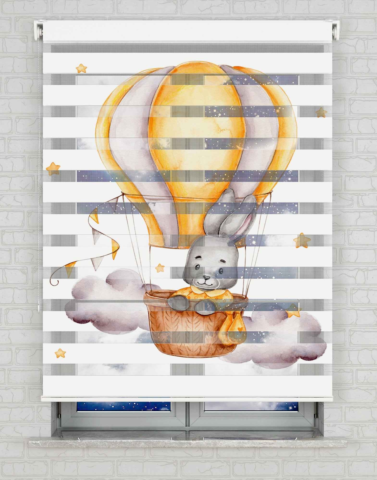 Balon ve Sevimli Tavşan Baskılı Zebra Perde - Bebek Odası Perdesi
