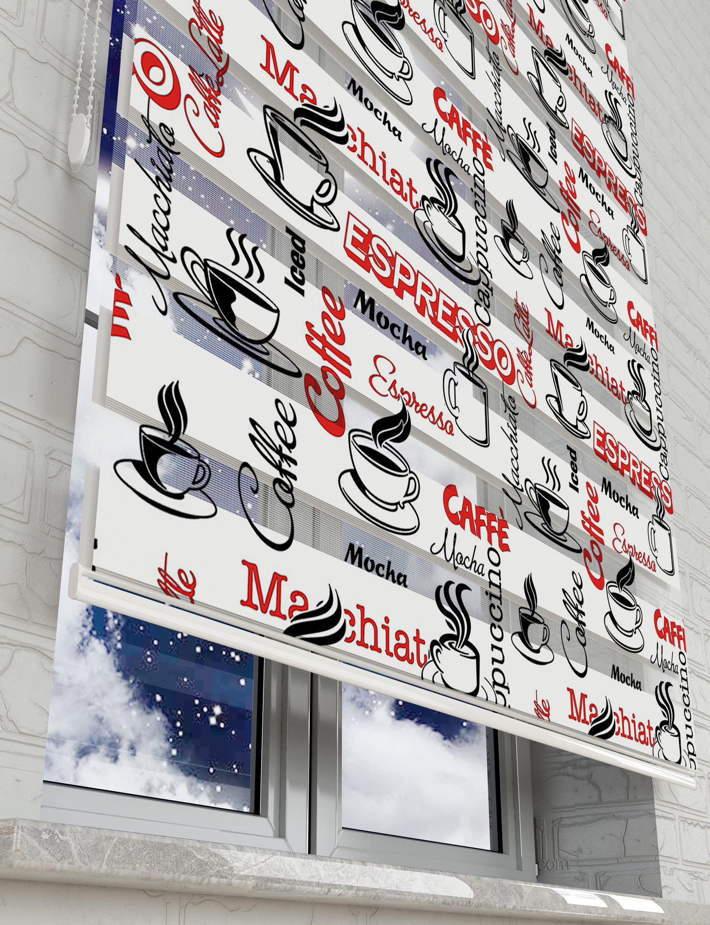 Coffee - Kahve Siyah Kırmızı Baskılı Zebra Perde - Mutfak Perdesi - AD HOME Tekstil