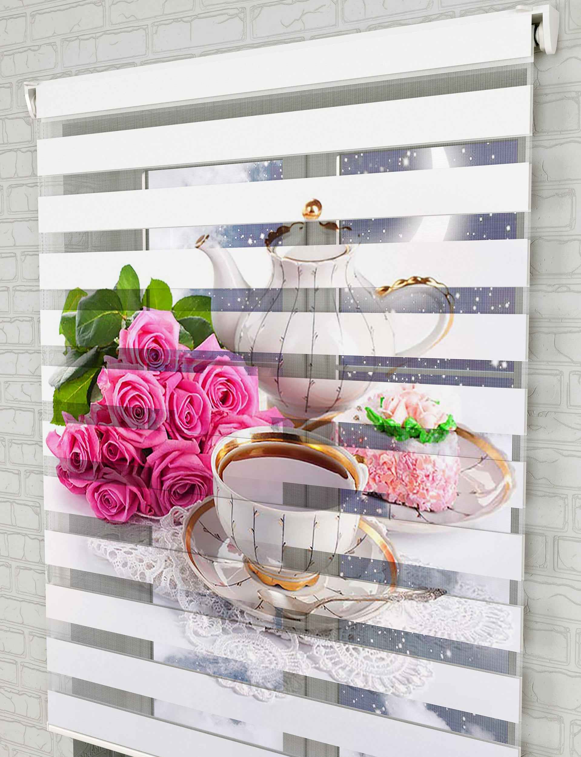 Pembe Gül Zebra Perde - Mutfak Fincan Baskılı Şık Perde - AD HOME Tekstil