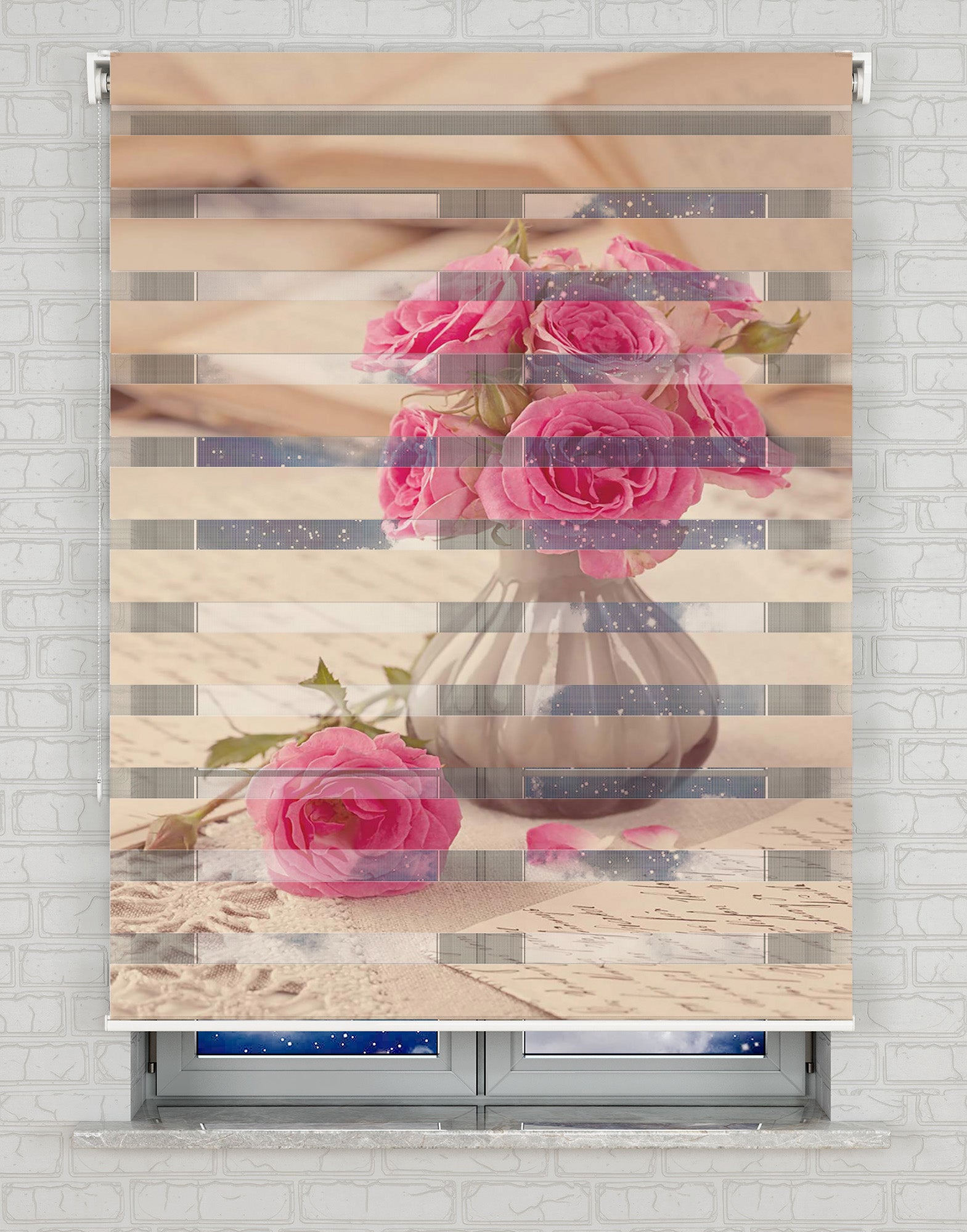 Pembe Güller ve Mektup Baskılı Zebra Perde - Mutfak Perdesi