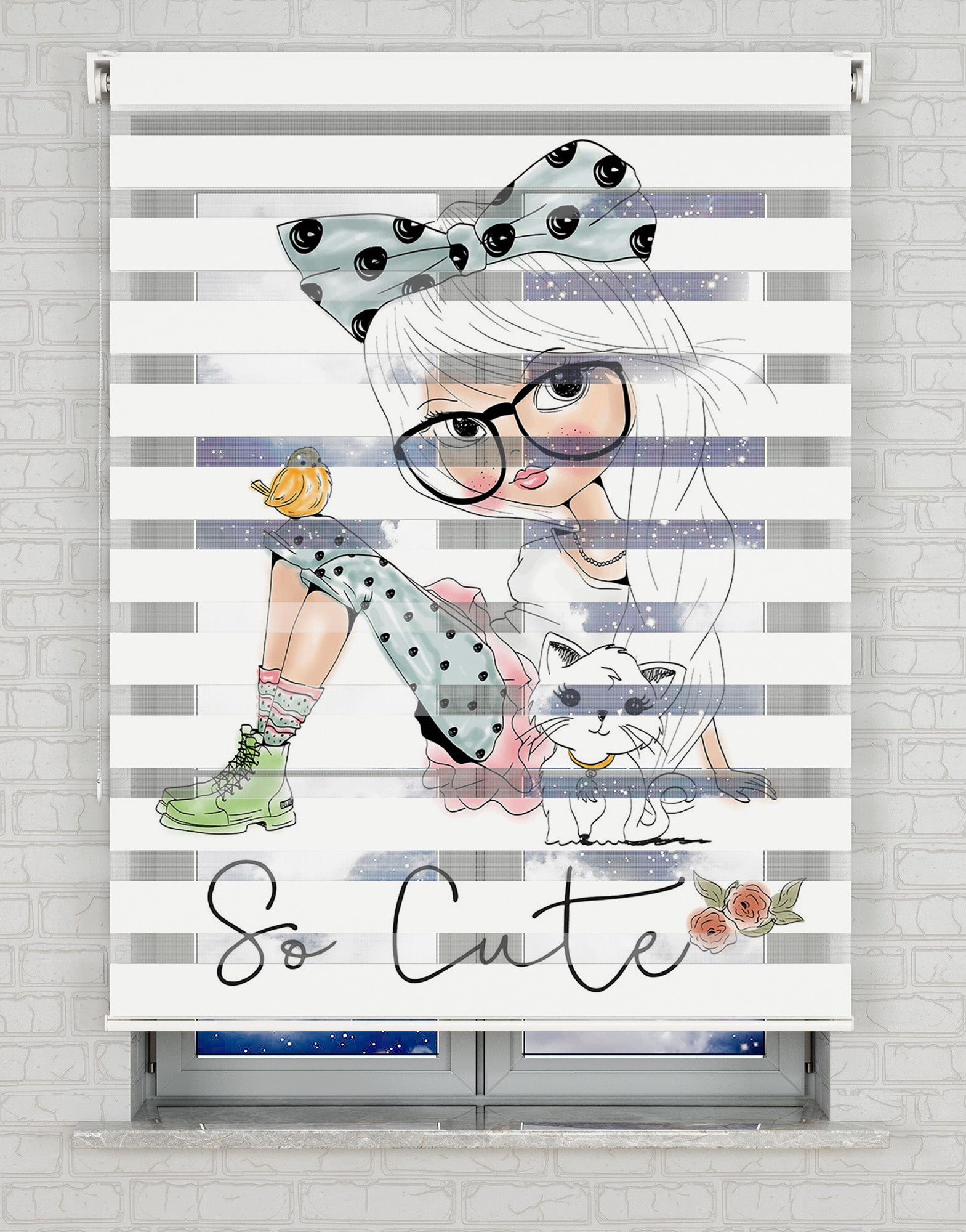 Cute Girl Vektör Baskılı Zebra Perde - Kız Çocuk Odası Perdesi