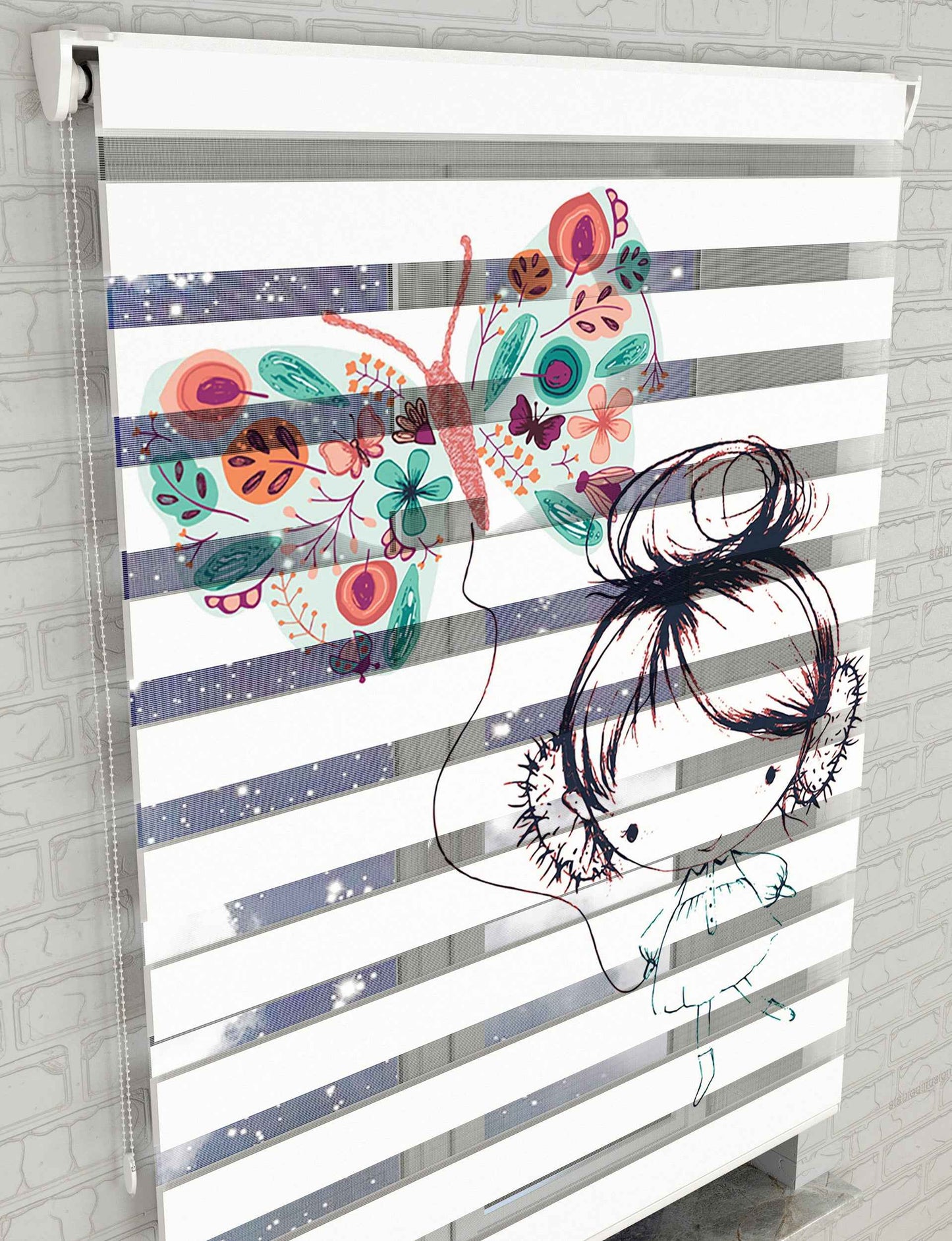 Renkli Kelebek Baskılı Zebra Perde - Bebek Odası Perdesi, Kız Çocuk Odası Perdesi - AD HOME Tekstil